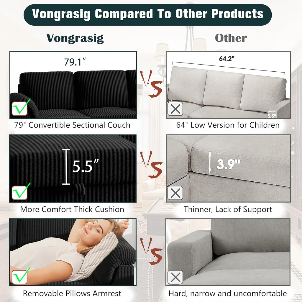 Vongrasig 79" Convertible Sectional Couches Sofa with Storage Ottoman, 3 Seat L Shaped Couch with Side Storage Pockage, Small Couches for Living Room, Apartment and Small Space
