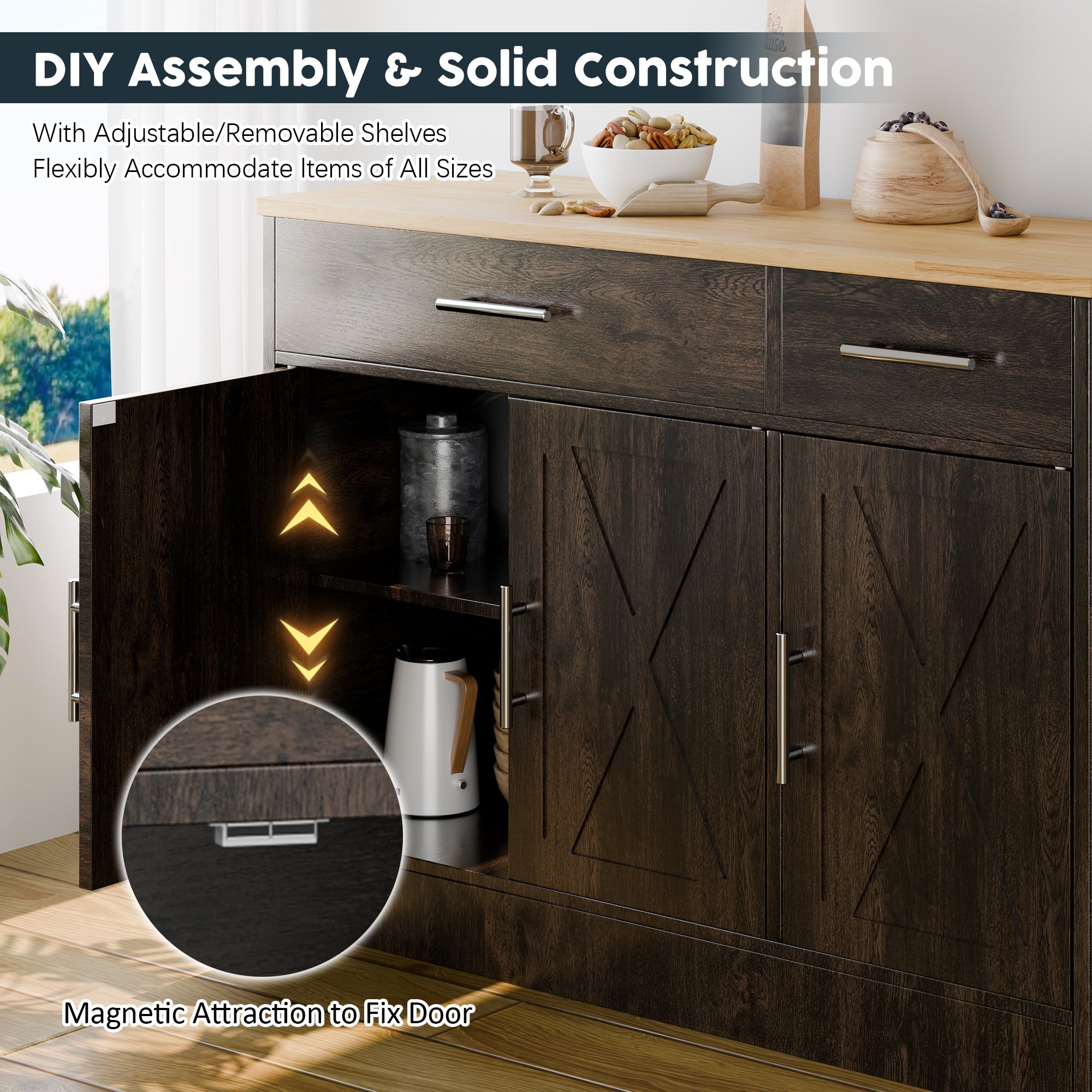 Walsunny Kitchen Buffet Sideboard Cabinet with Adjustable Shelf,Wooden Storage Cabinet with 3 Doors and 2 Drawers,Modern Farmhouse Coffee Bar Cabinet with Storage for Kitchen/Living Room (7612679061680)