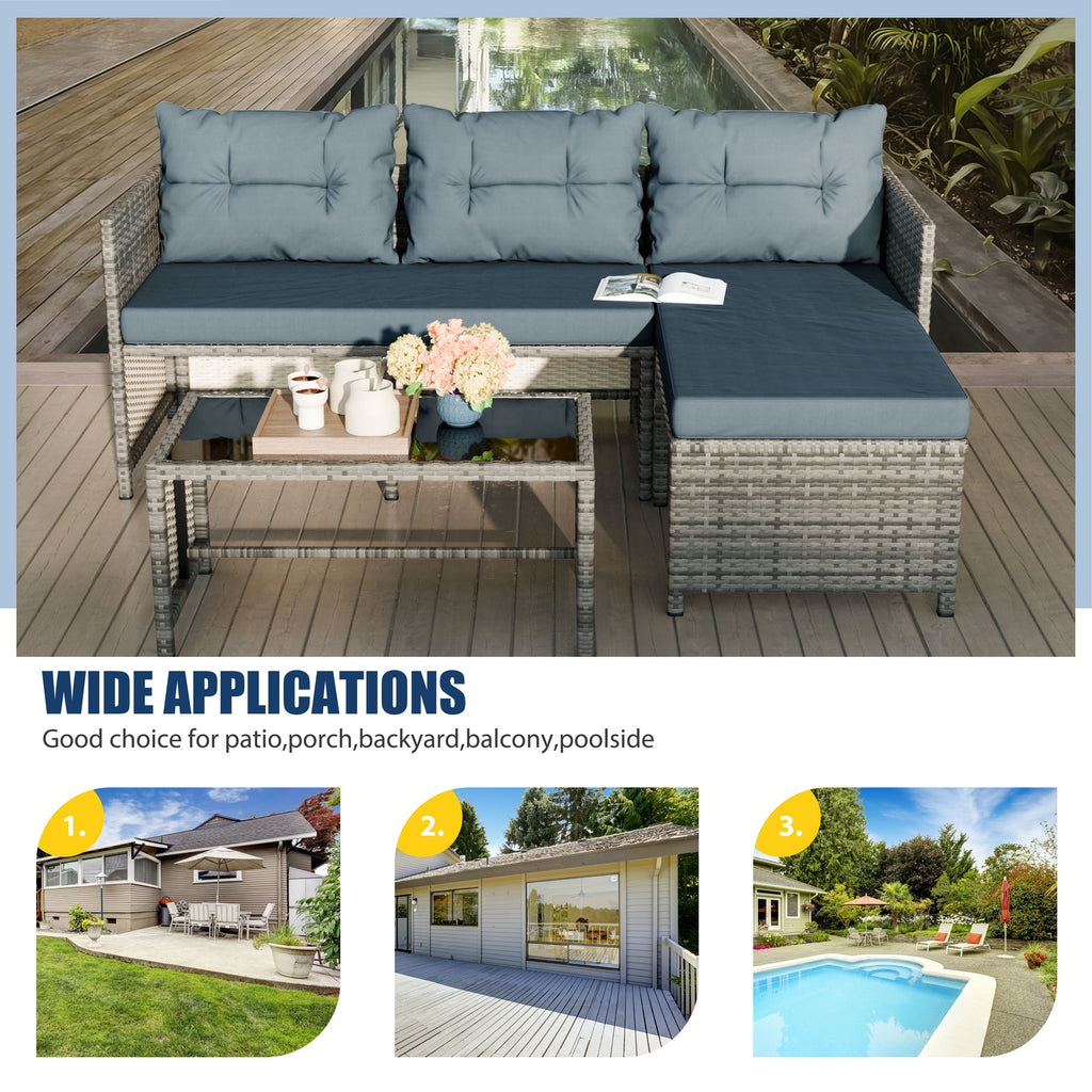 Vongrasig 3 Pieces Patio Furniture Sets, All-Weather Wicker Outdoor Sofa Couch Sectional Set, Small Conversation Set for Patio, Garden w/Cushion, Glass Table