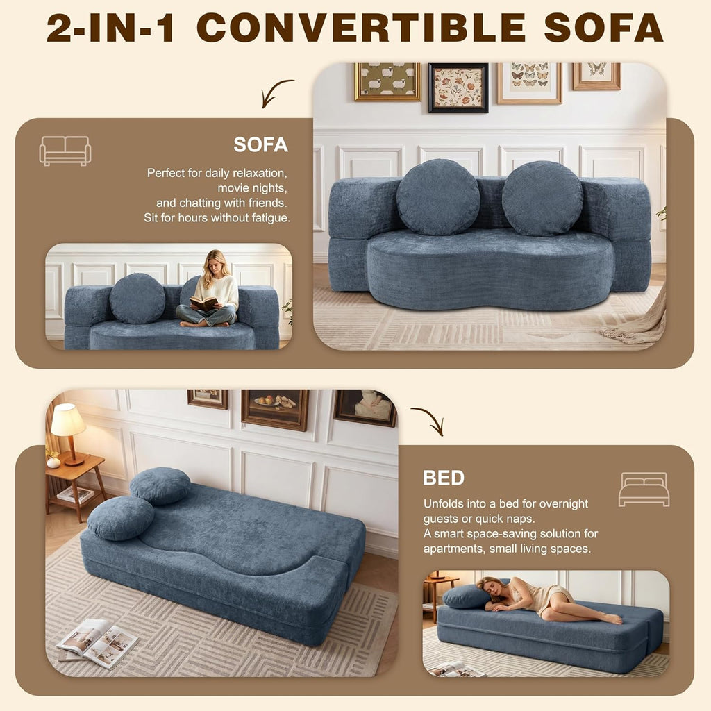 Vongrasig 77” Convertible Sofa Bed, Folding Boneless Couch, Floor Sofa 2-in-1 Curved Couch for Small Living Room, Apartment, Guest Room