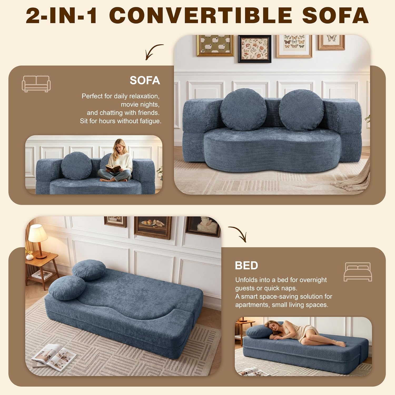 Vongrasig 77” Convertible Sofa Bed, Folding Boneless Couch, Floor Sofa 2-in-1 Curved Couch for Small Living Room, Apartment, Guest Room