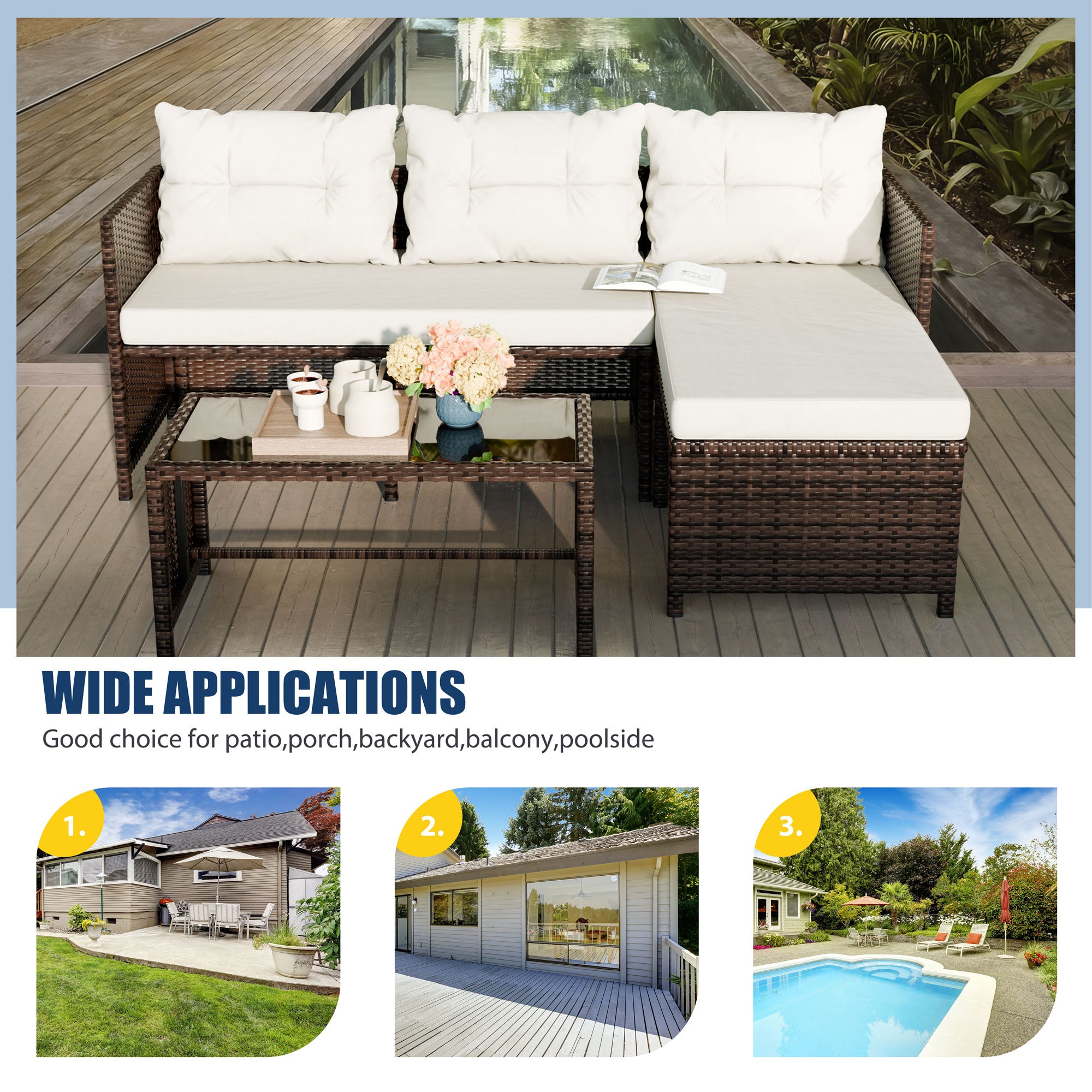 Vongrasig 3 Pieces Patio Furniture Sets, All-Weather Wicker Outdoor Sofa Couch Sectional Set, Small Conversation Set for Patio, Garden w/Cushion, Glass Table