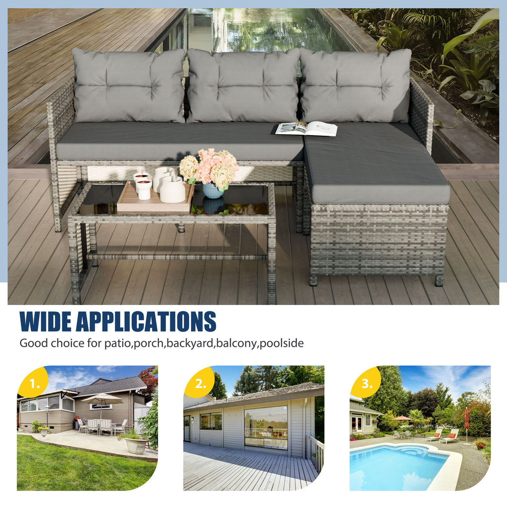 Vongrasig 3 Pieces Patio Furniture Sets, All-Weather Wicker Outdoor Sofa Couch Sectional Set, Small Conversation Set for Patio, Garden w/Cushion, Glass Table