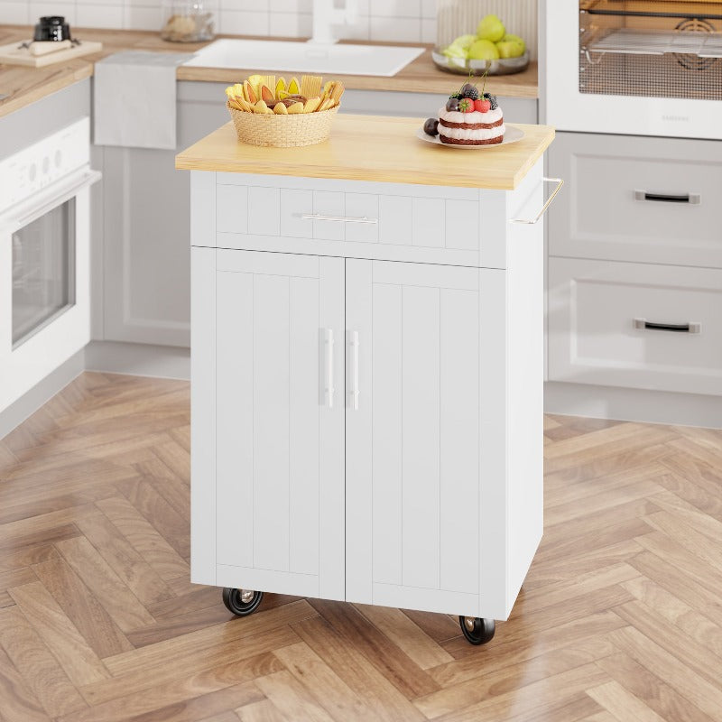 Walsunny 26 Rolling Kitchen Island with Solid Wood Top#color_white