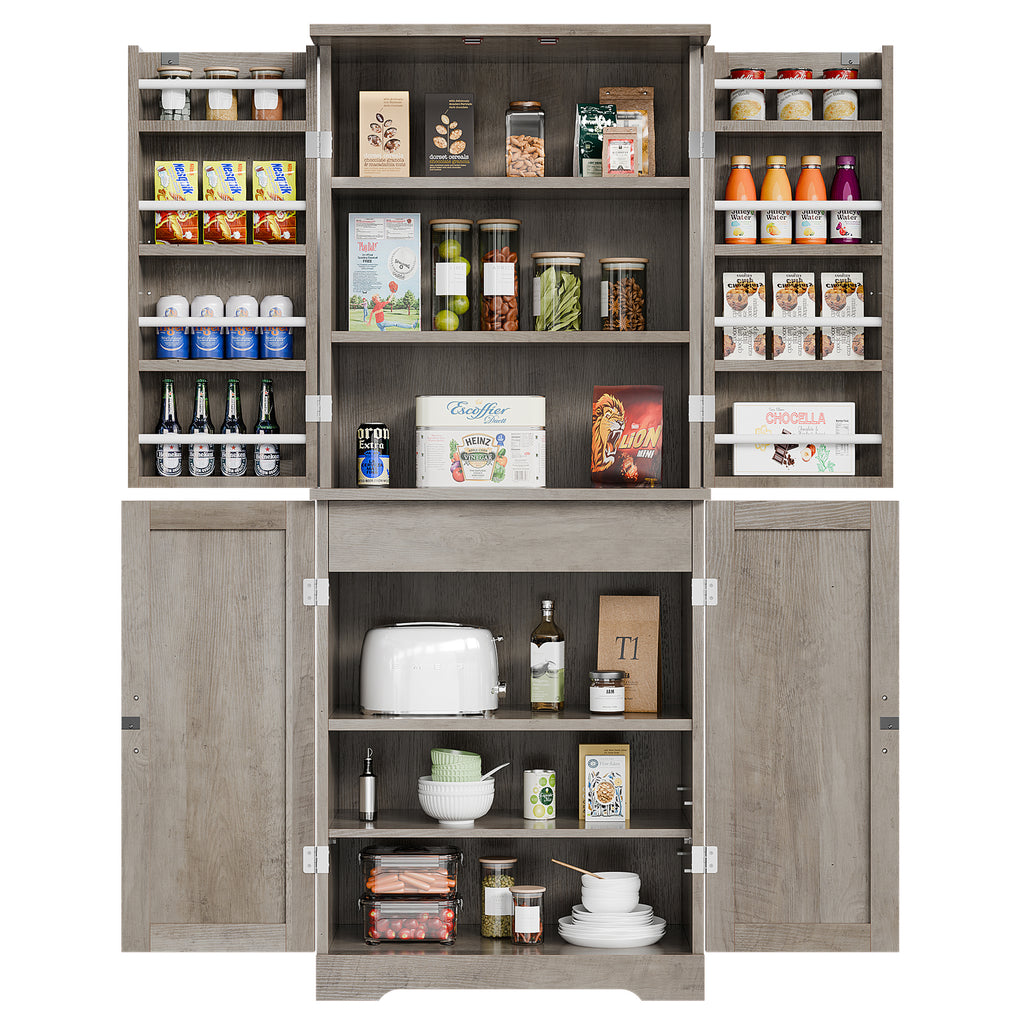 Vongrasig Kitchen Pantry Storage Cabinet with Barn Doors, Drawer and Adjustable Shelves, 6-Tier Tall Rustic Wood Cupboard Locker for Kitchen, Dining Room, Living Room, Bathroom