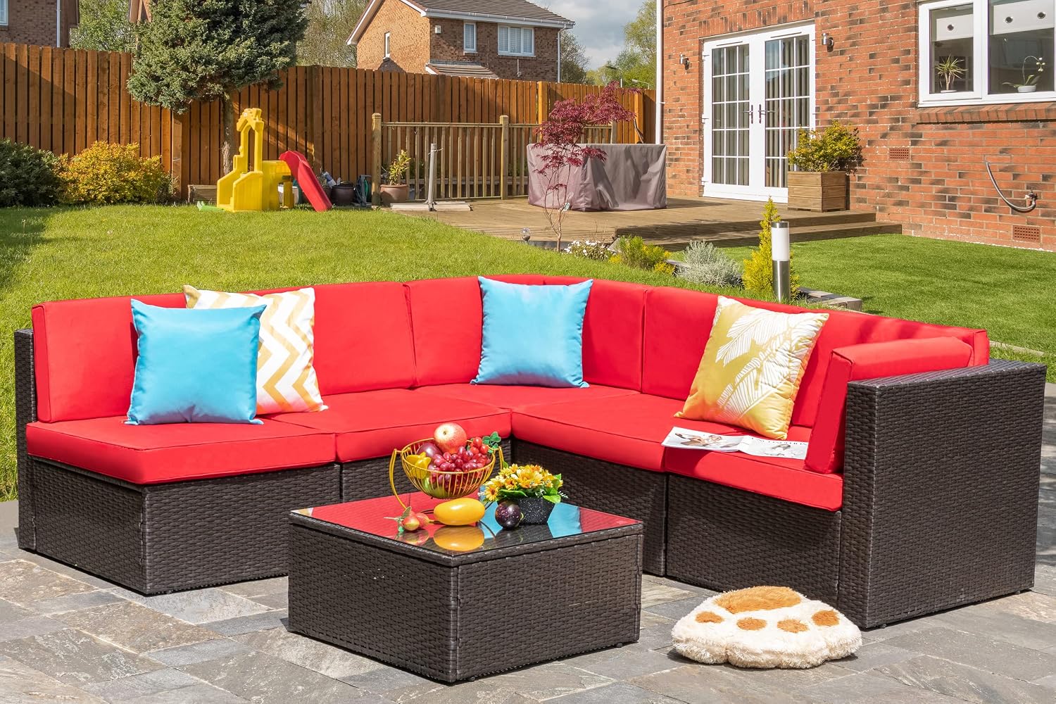 Vongrasig Patio Furniture Sets, Outdoor Patio Set Sectional Sofa, All-Weather PE Rattan Outdoor Couch with Ottoman, Glass Table for Garden, Backyard, Porch