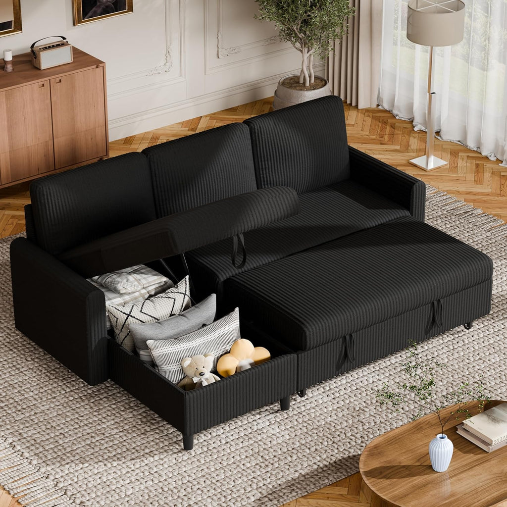 Vongrasig Sleeper Sofa with Storage for Small Space, Convertible Small Pull Out Couch with Storage Chaise, L Shaped Sectional Sofa Bed for Apartment, Guest Room, Black Corduroy