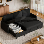 Vongrasig Sleeper Sofa with Storage for Small Space, Convertible Small Pull Out Couch with Storage Chaise, L Shaped Sectional Sofa Bed for Apartment, Guest Room, Black Corduroy