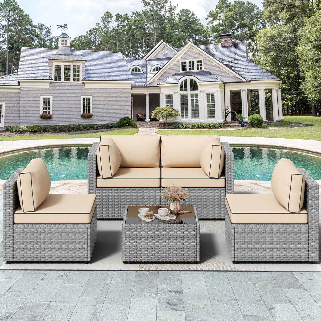 Vongrasig Patio Furniture 5 Pieces Outdoor Sectional Sofas, Sliver Wicker