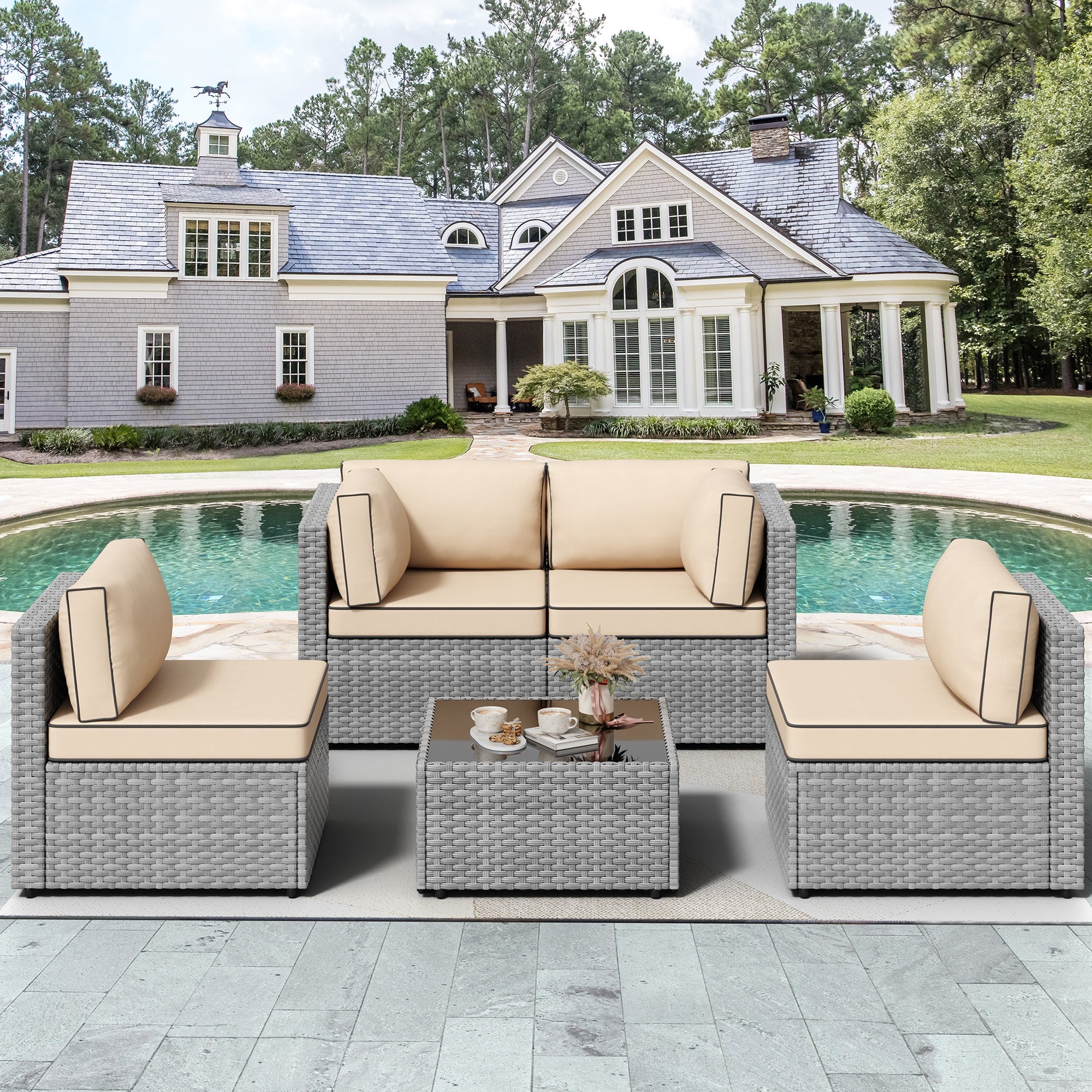 Vongrasig Patio Furniture 5 Pieces Outdoor Sectional Sofas, Sliver Wicker
