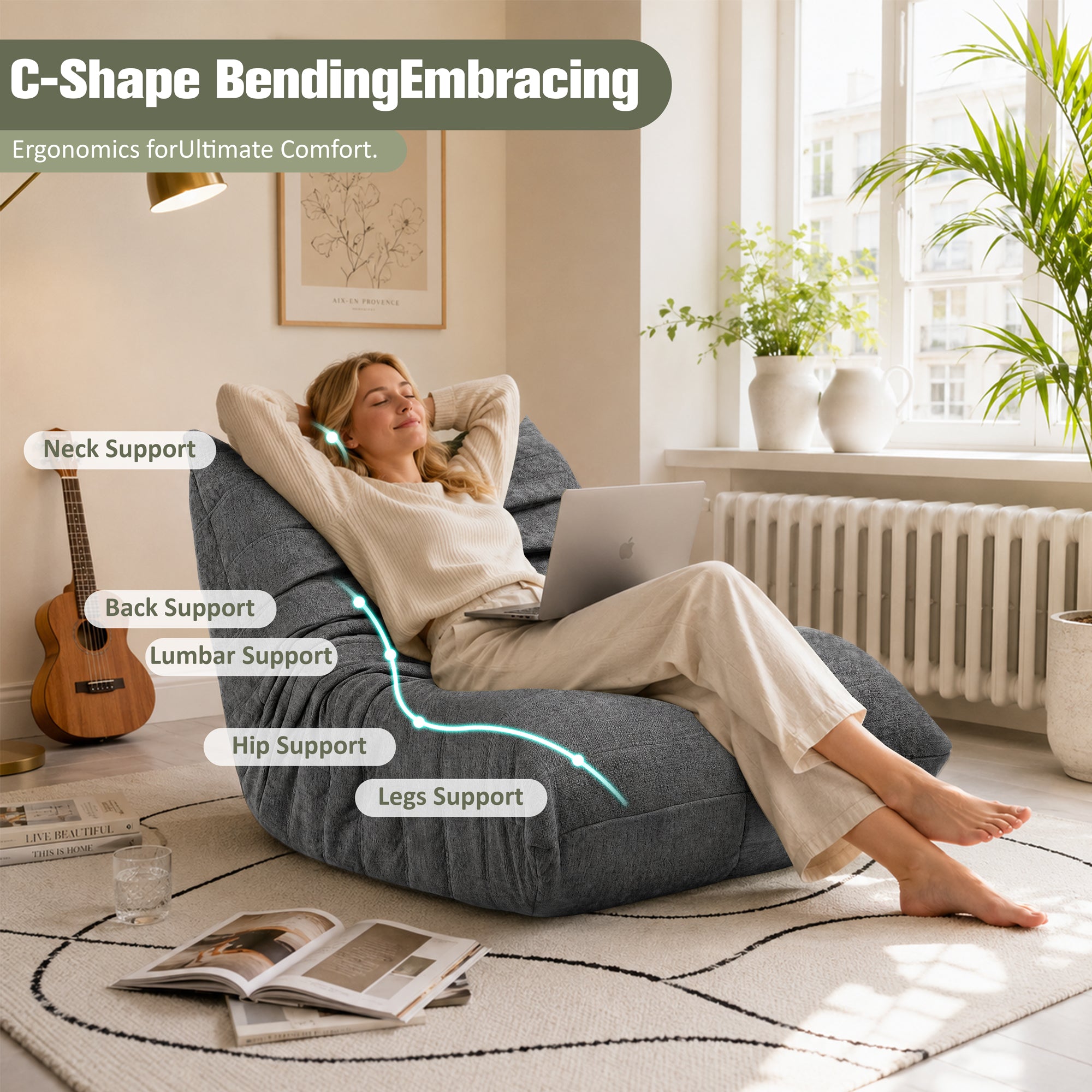 Vongrasig Bean Bag Chair for Adults, Line Fabric Lazy Sofa Couch, Memory Foam Filled Bean Bag Lounge Chair Perfect for Living Room, Bedroom and Office