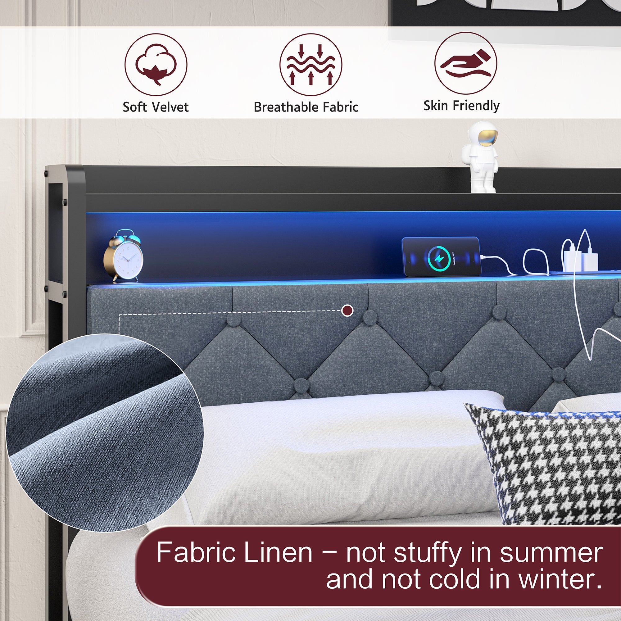 Walsunny Bed Frame with Led Light and 2 Drawers Metal Platform Bed with Button Tufted Headboard Strong Metal Slats (7504175136944)