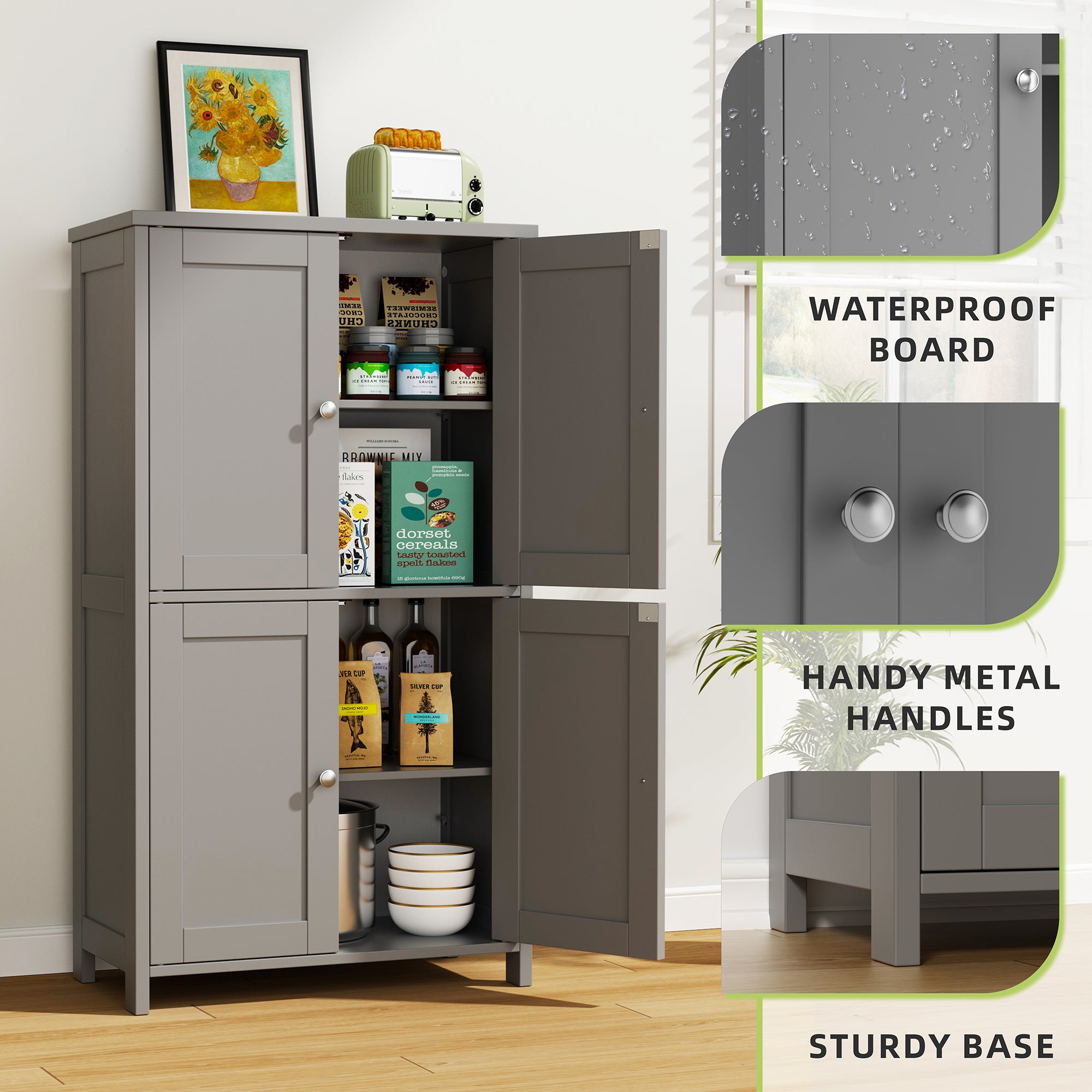 Vongrasig Bathroom Storage Cabinet, Modern Floor Cabinet with Storage, Adjustable Shelves, Freestanding Cabinet for Bthroom, Living Room, Entryway