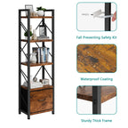 Vongrasig 5 Tier Bookshelf with Drawer, Industrial Tall Narrow Bookcase, Display Shelf Modern Wood and Metal Bookshelves, Free Standing Storage Organizer for Office, Living Room