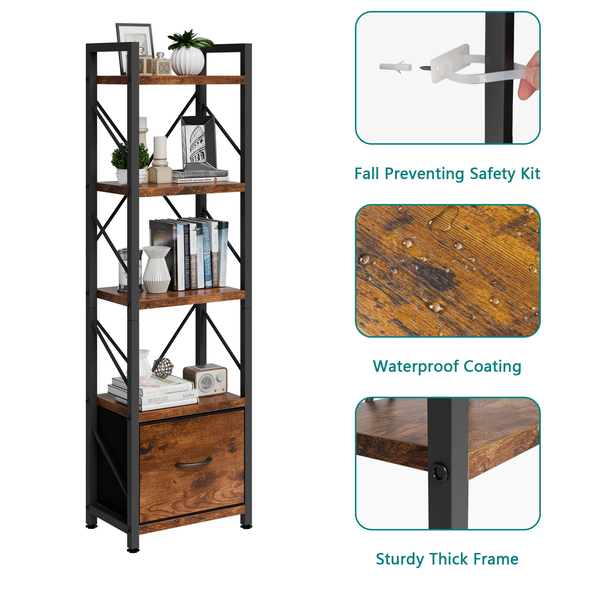 Vongrasig 5 Tier Bookshelf with Drawer, Industrial Tall Narrow Bookcase, Display Shelf Modern Wood and Metal Bookshelves, Free Standing Storage Organizer for Office, Living Room