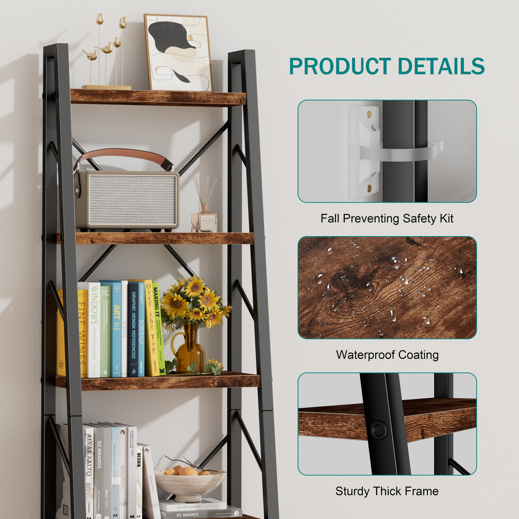 Vongrasig 5 Tier Bookshelf with Drawer, Industrial Tall Narrow Bookcase, Display Shelf Modern Wood and Metal Bookshelves, Free Standing Storage Organizer for Office, Living Room