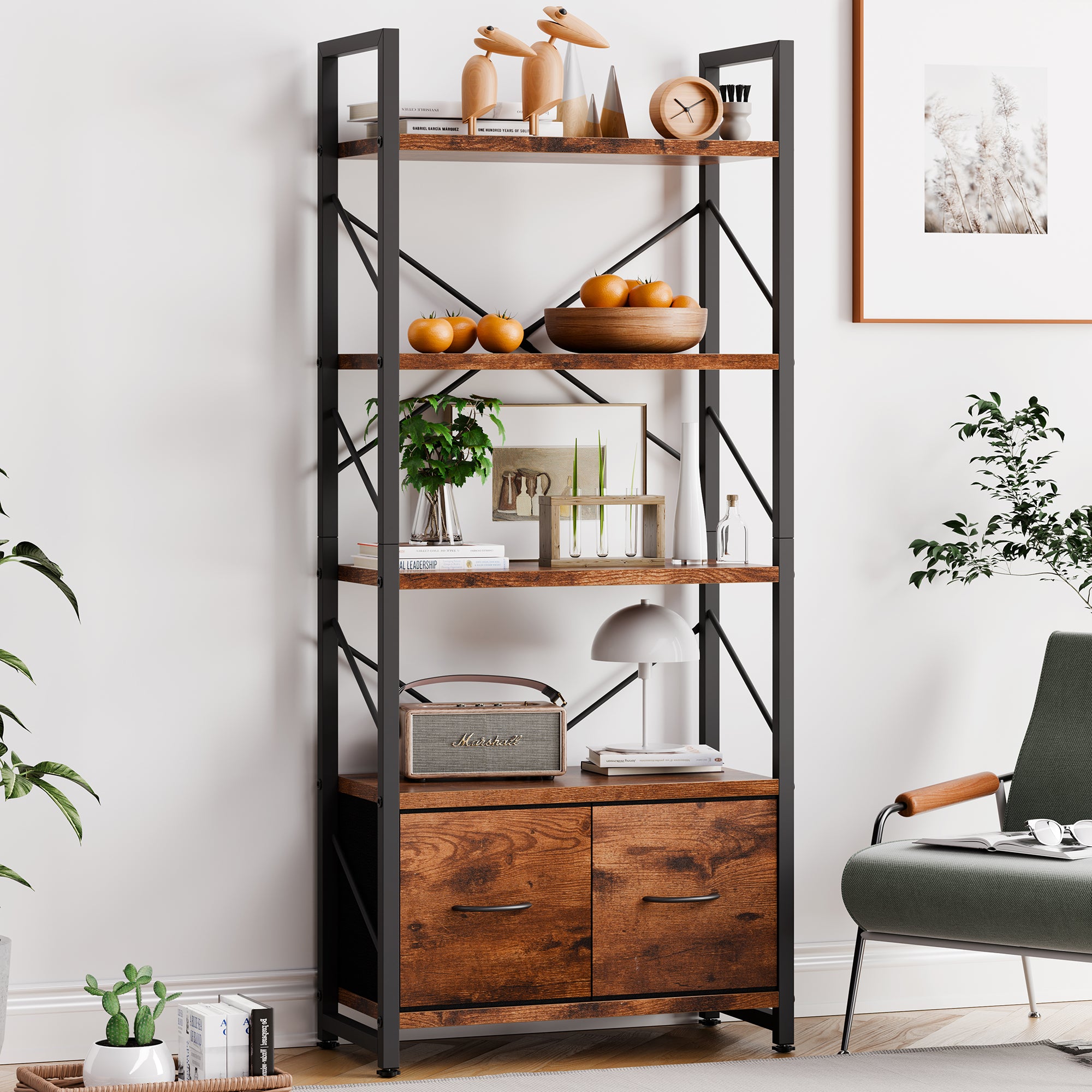 Vongrasig 5 Tier Bookshelf with Drawer, Industrial Tall Narrow Bookcase, Display Shelf Modern Wood and Metal Bookshelves, Free Standing Storage Organizer for Office, Living Room