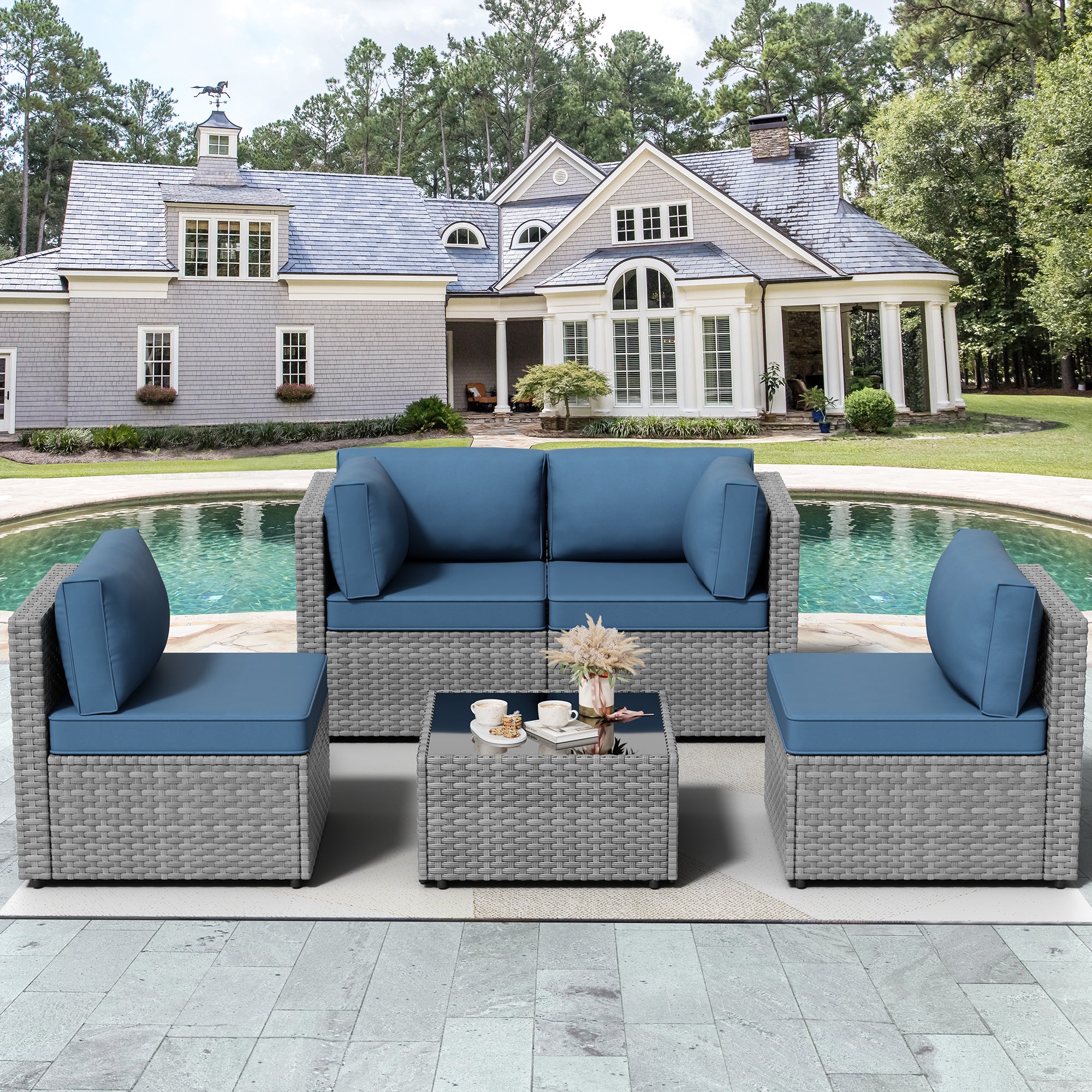 Vongrasig 5 Piece Patio Furniture Sets, Outdoor Patio Set Sectional Sofa, All-Weather PE Rattan Outdoor Couch with Ottoman, Glass Table for Garden, Backyard, Porch, Beige
