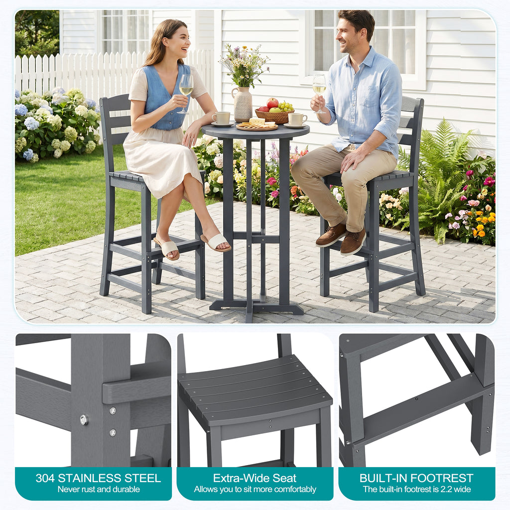 Vongrasig 3 Piece Patio Bar Set, All Weather HDPE High Bistro Stools Chair Set of 2 and Round Pub Bar Table, Outdoor High Top Patio Set for Lawn Garden, Balcony
