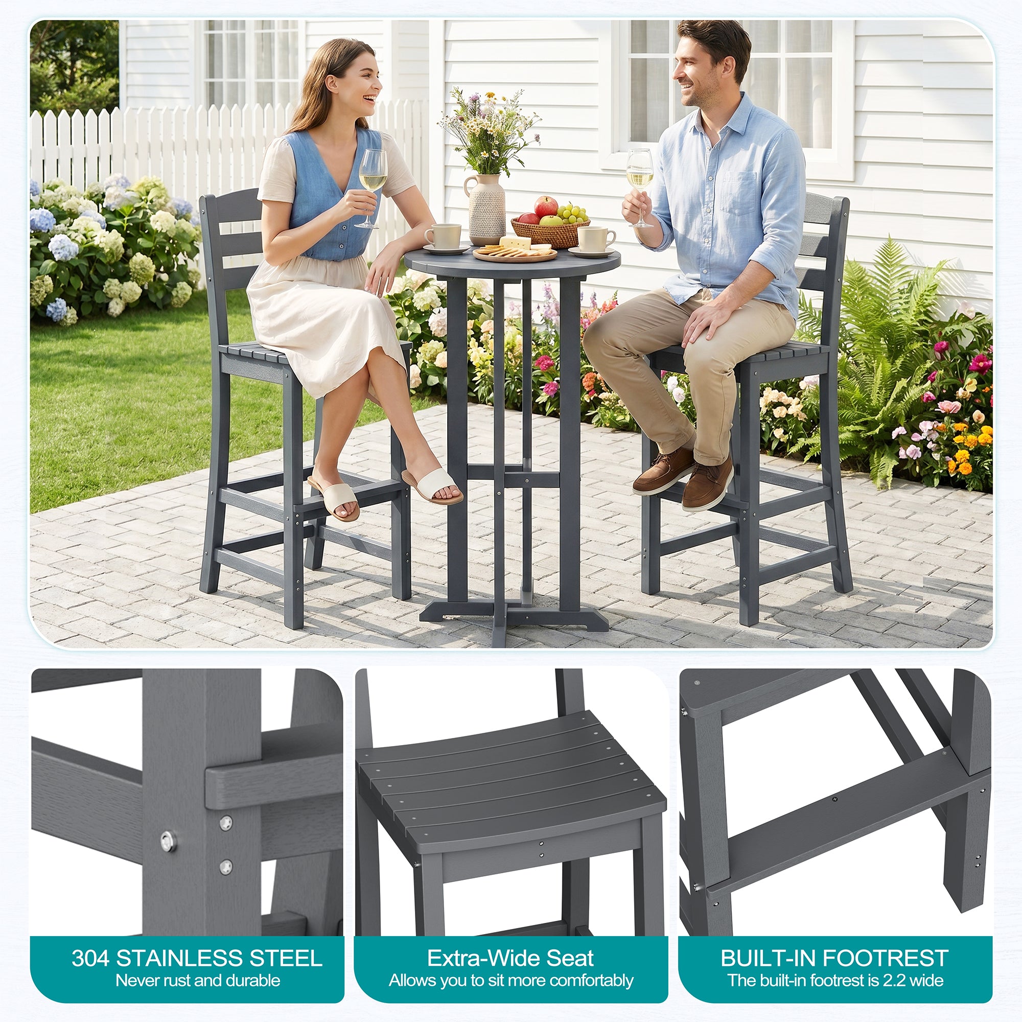 Vongrasig 3 Piece Patio Bar Set, All Weather HDPE High Bistro Stools Chair Set of 2 and Round Pub Bar Table, Outdoor High Top Patio Set for Lawn Garden, Balcony