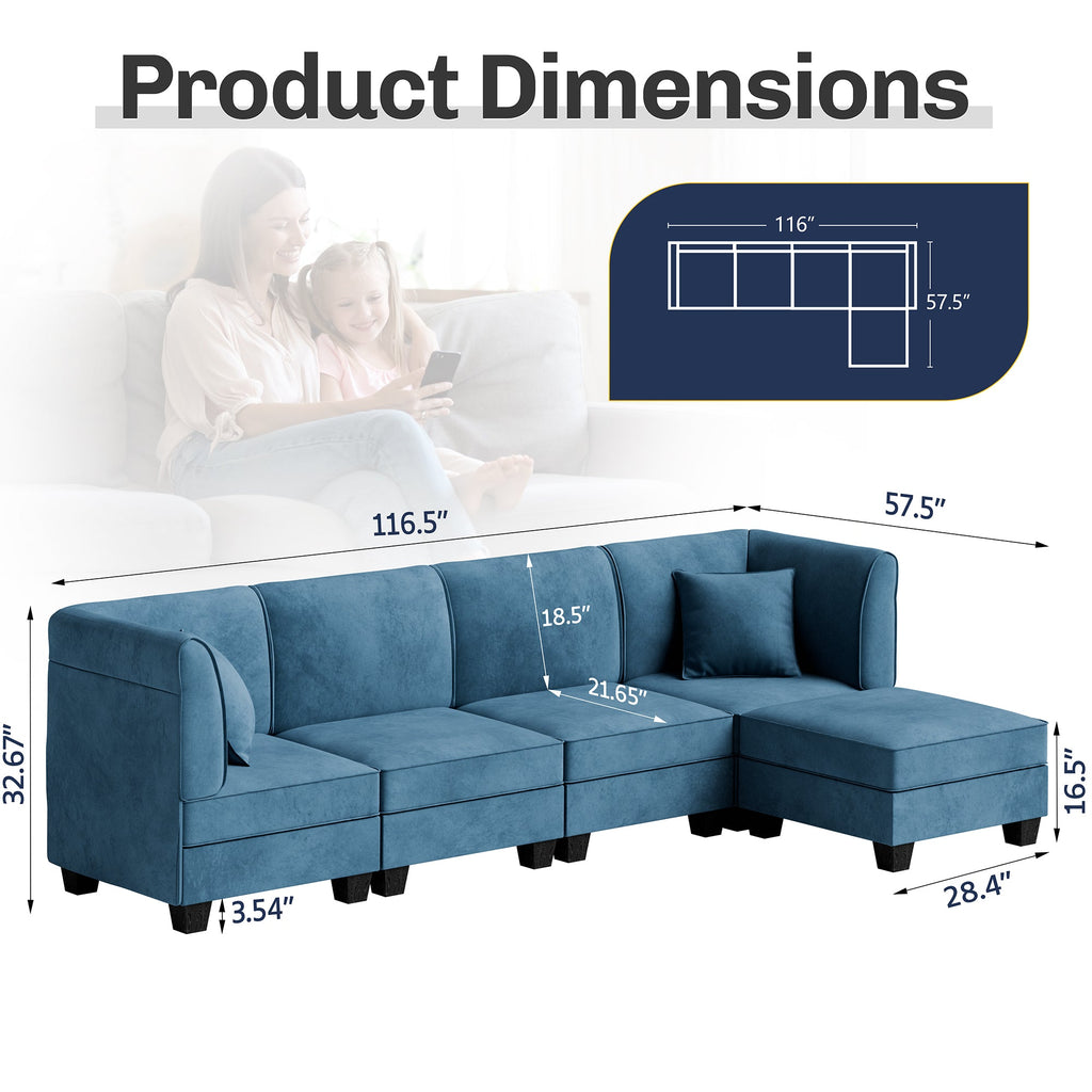 Walsunny Velvet 5 Pieces Modular Sectional Sofa L-Shaped Couch With Reversible Chaise (7223391125680)