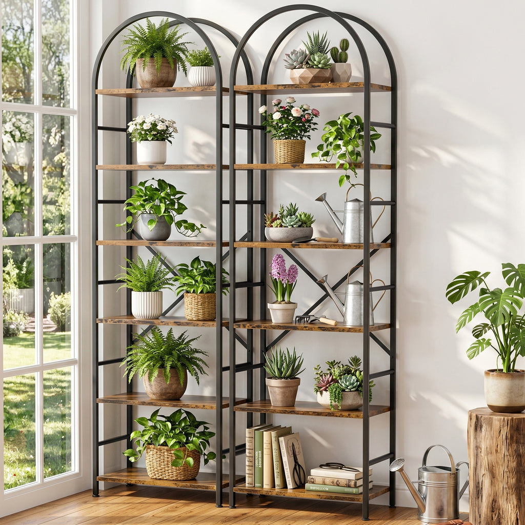 Vongrasig 6 Tier Arched Bookshelf, Industrial Tall Open Bookcase | 80”H Display Standing Shelf with Sturdy Wood and Metal Frame for Home Office, Living Room, Bedroom