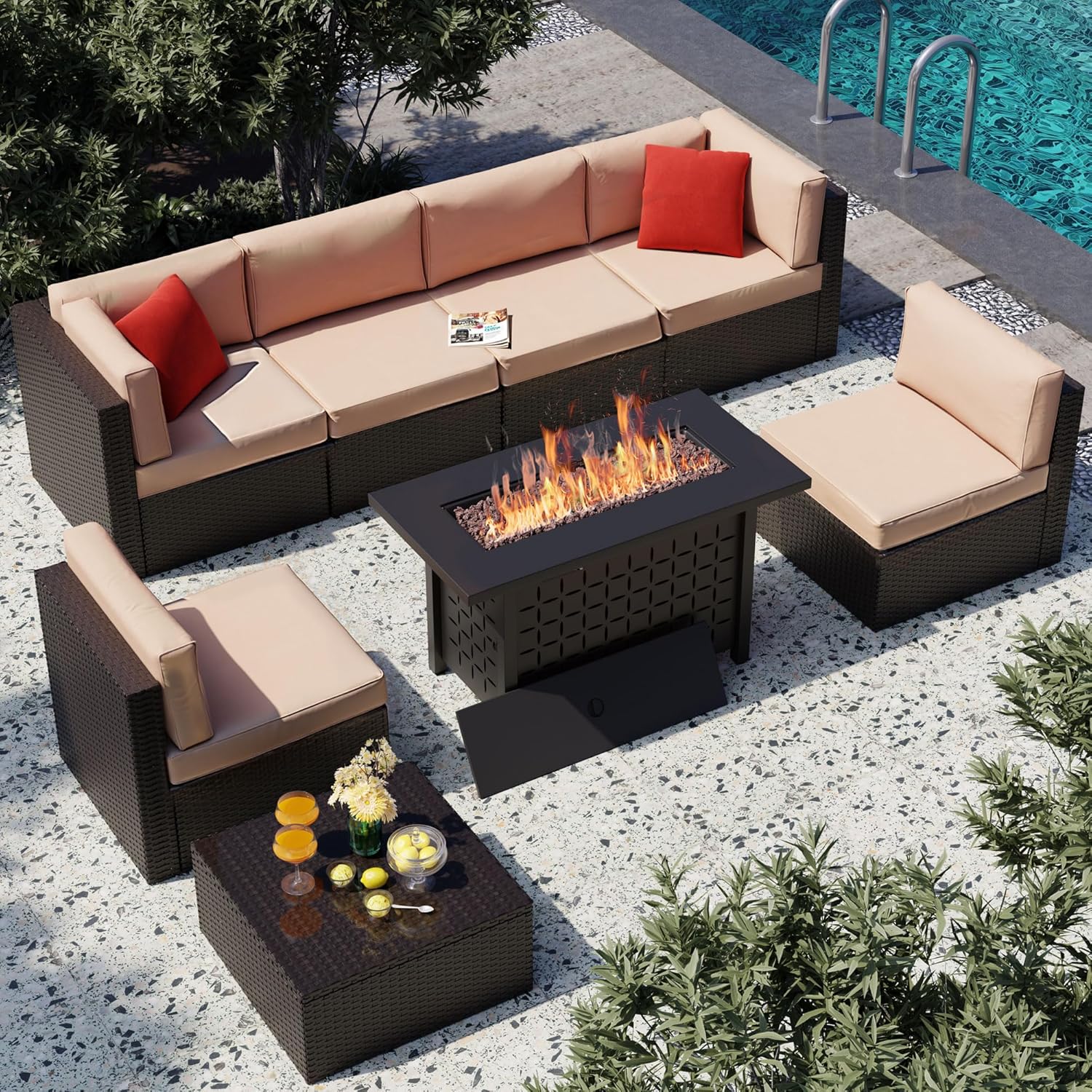 7-Piece Outdoor Rattan Patio Set with Fire Pit Table