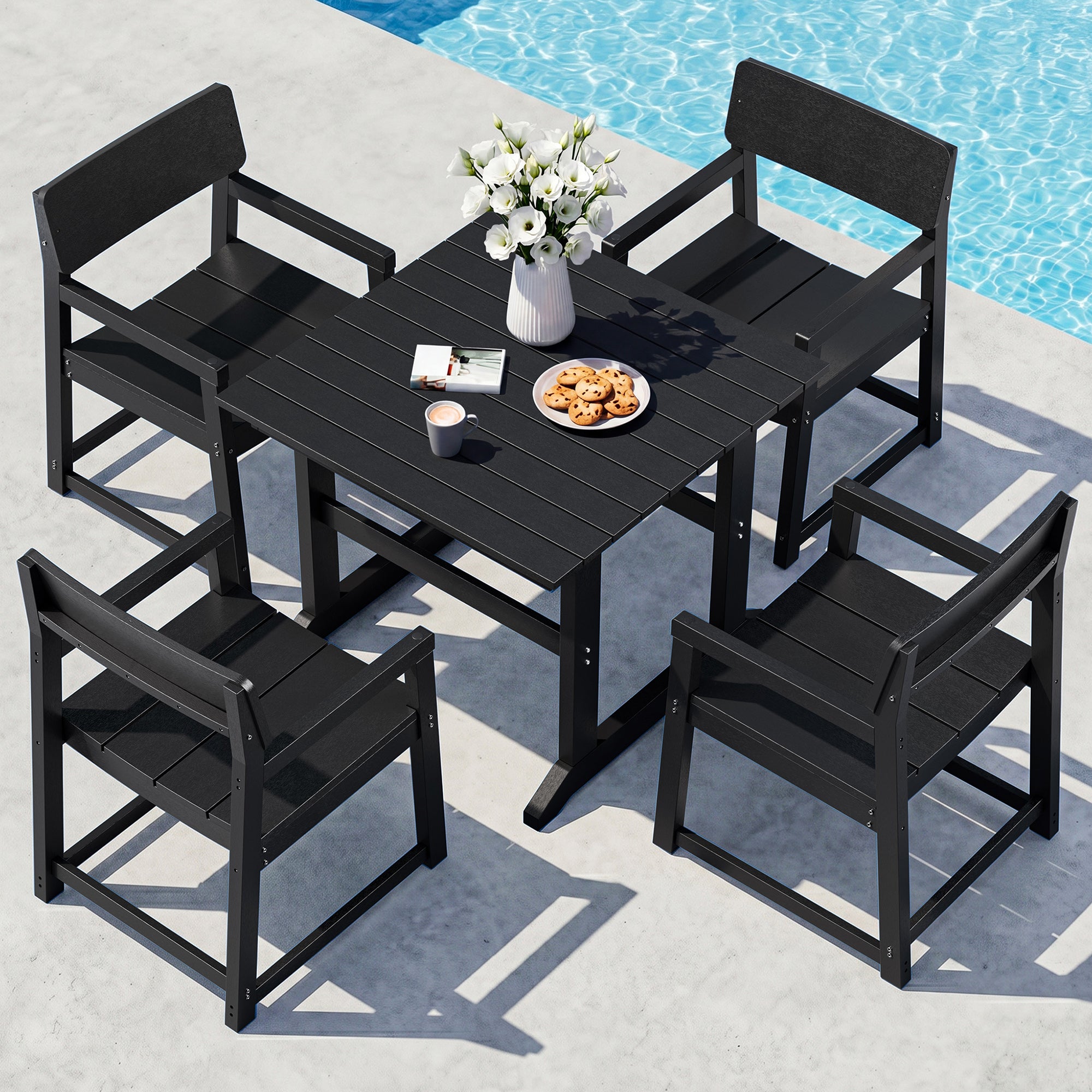 Vongrasig 5 Pieces Patio Dining Set, All Weather Outdoor HDPE Dining Furniture Set with Table and Chairs for 4, Garden Patio Furniture Set for Lawn, Backyard, Poolside, Black