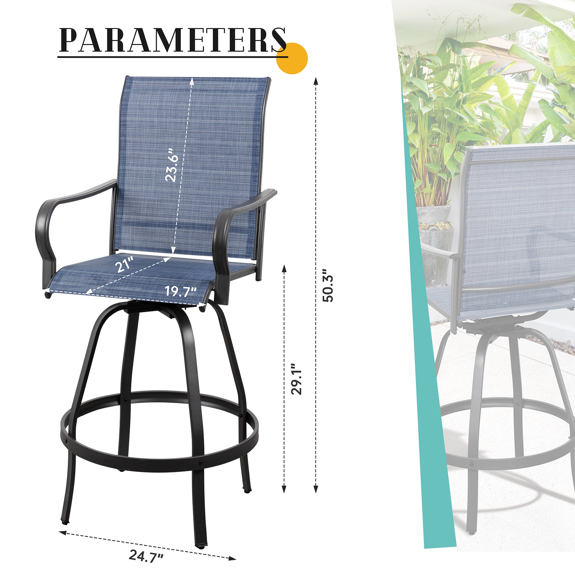 Vongrasig 2 Piece Patio Swivel Bar Chairs, All Weather Metal Textile High Swivel Bar Stools Chairs, Outdoor High Top Bistro Set for Backyard, Lawn Garden, Balcony