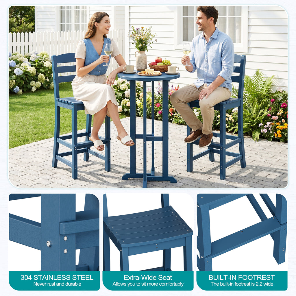 Vongrasig 3 Piece Patio Bar Set, All Weather HDPE High Bistro Stools Chair Set of 2 and Round Pub Bar Table, Outdoor High Top Patio Set for Lawn Garden, Balcony