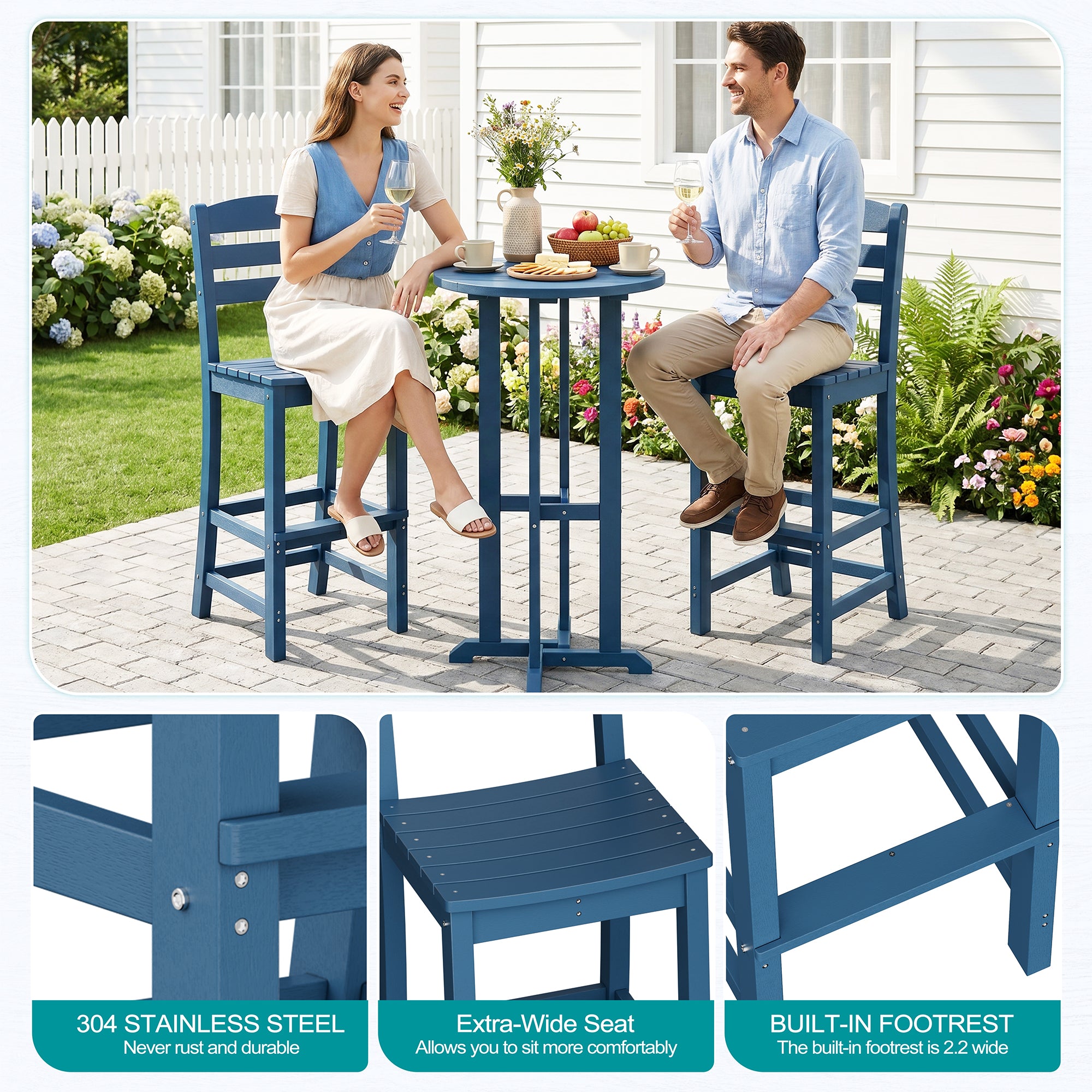 Vongrasig 3 Piece Patio Bar Set, All Weather HDPE High Bistro Stools Chair Set of 2 and Round Pub Bar Table, Outdoor High Top Patio Set for Lawn Garden, Balcony