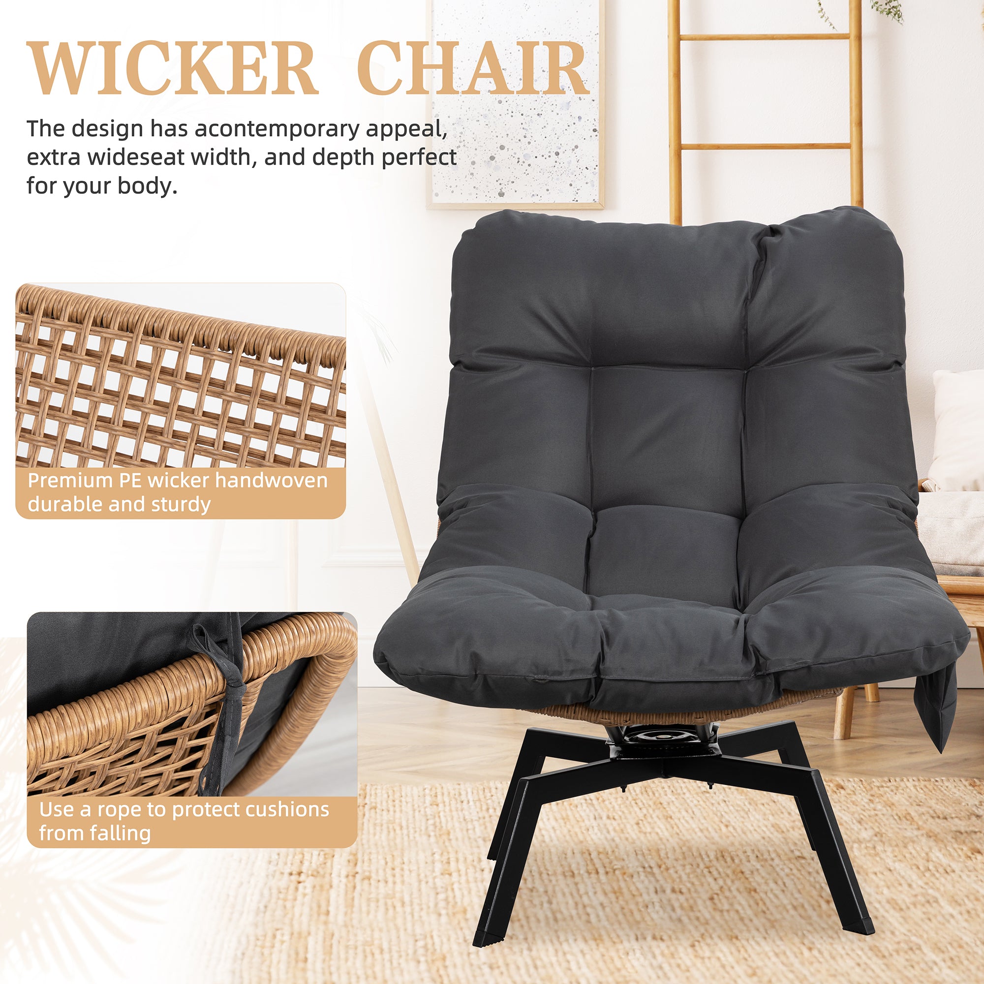 Vongrasig Swivel Wicker Chair PE Rattan Chair with Cushion, Oversized Patio Lounge Chair for Outdoor, Indoor, Balcony, Backyard, Garden, Living Room