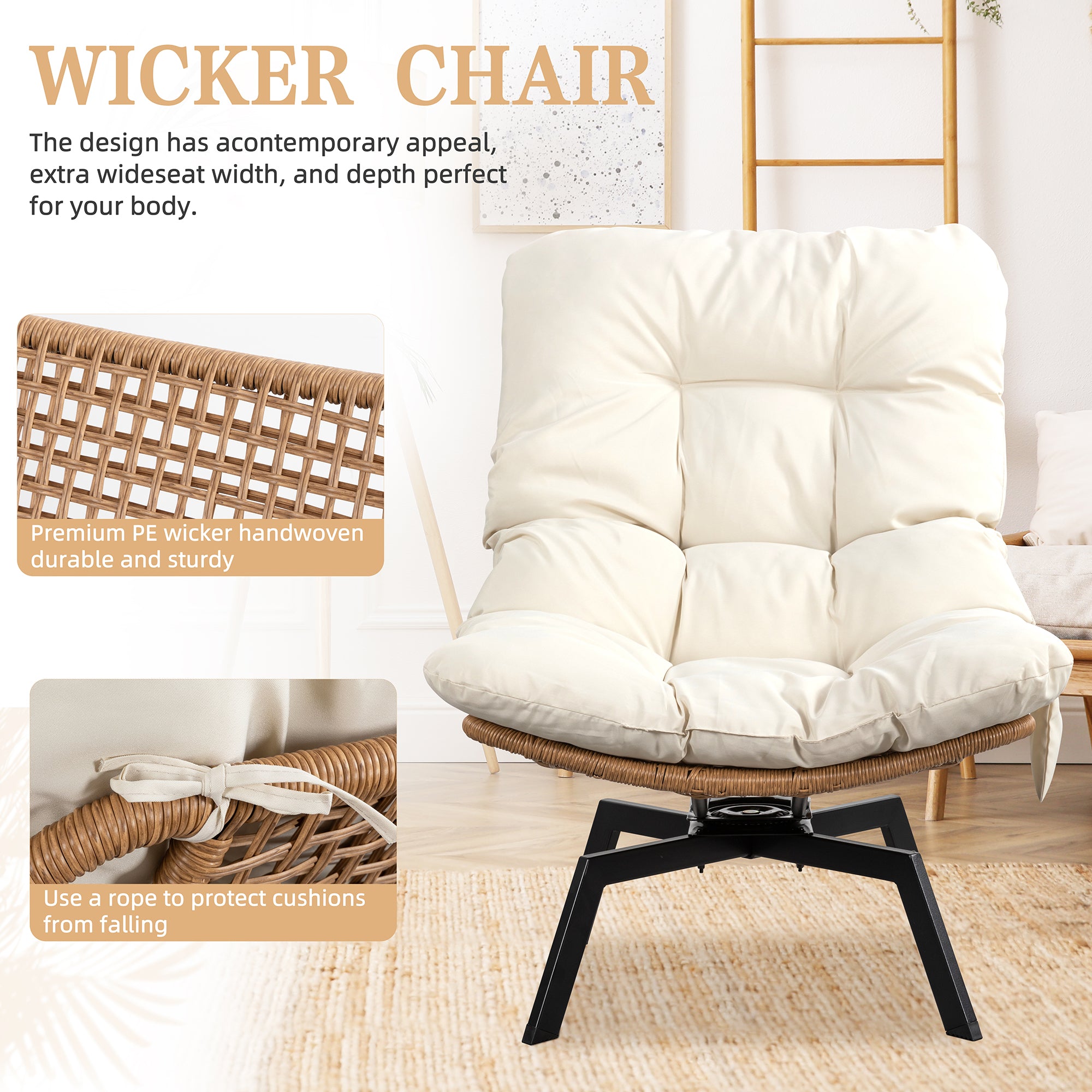 Vongrasig Swivel Wicker Chair PE Rattan Chair with Cushion, Oversized Patio Lounge Chair for Outdoor, Indoor, Balcony, Backyard, Garden, Living Room