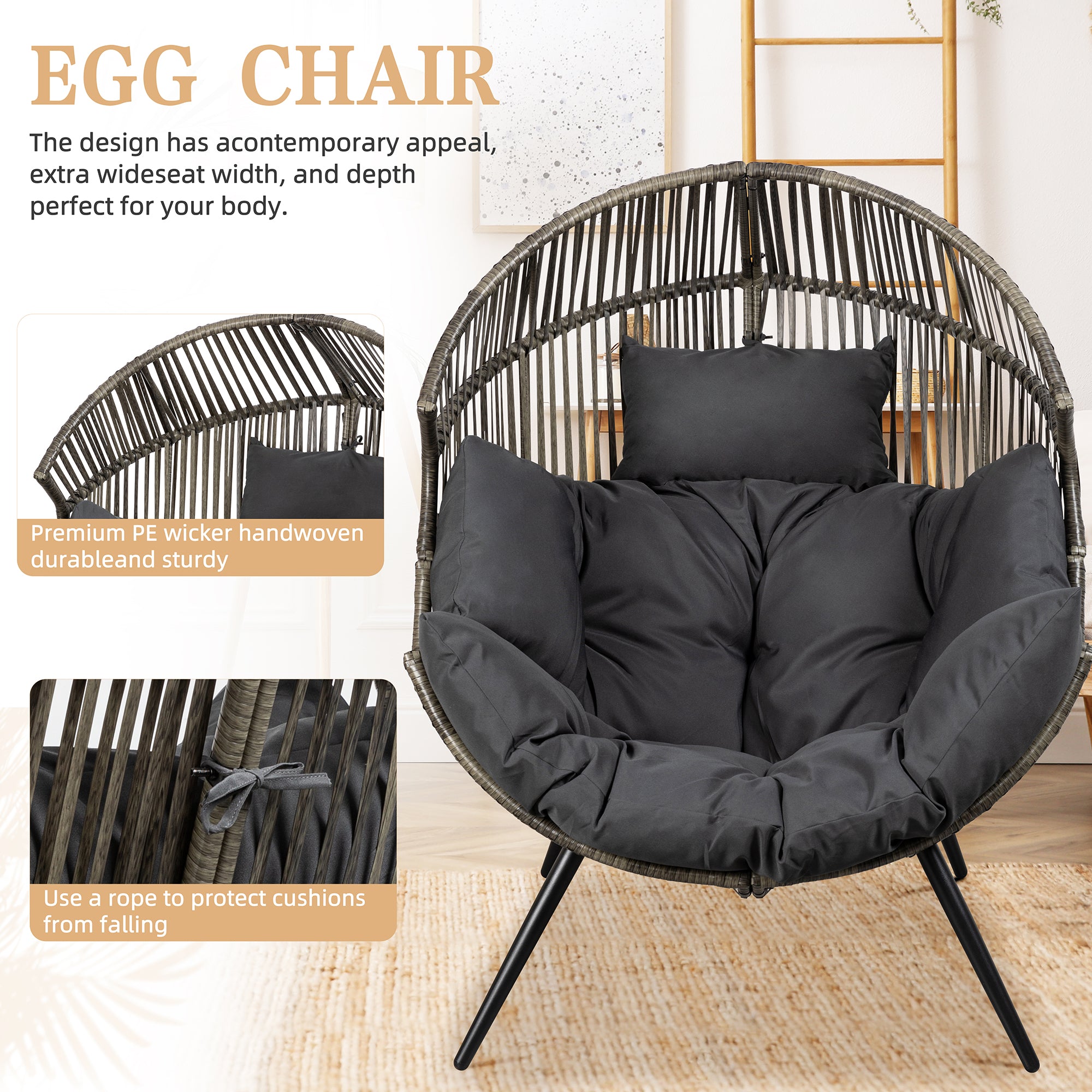 Vongrasig Outdoor Wicker Egg Chair PE Rattan Chair with Cushion, Oversized Patio Lounge Chair for Outdoor, Indoor, Balcony, Backyard, Garden