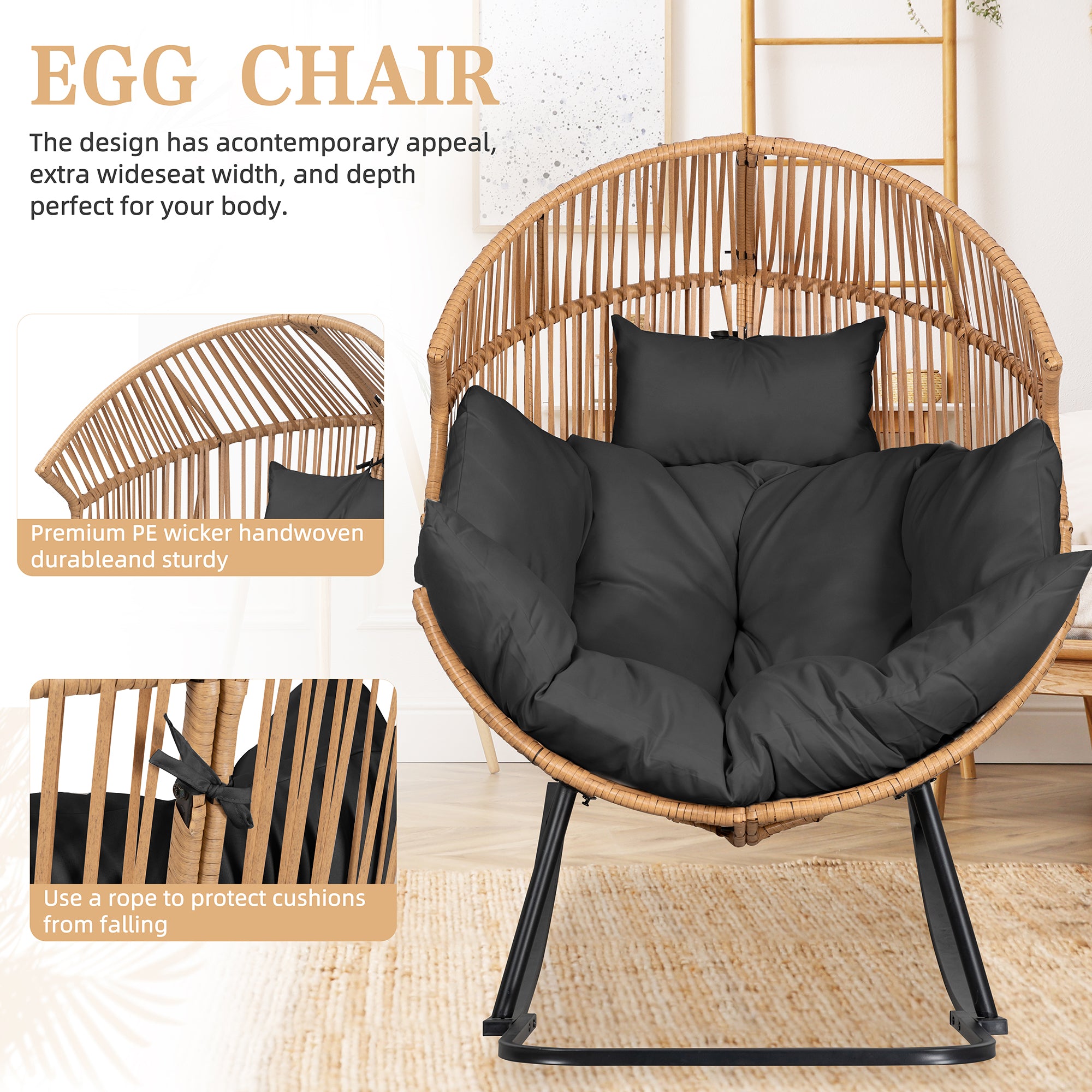 Vongrasig Outdoor Wicker Egg Chair PE Rattan Chair with Cushion, Oversized Patio Lounge Chair for Outdoor, Indoor, Balcony, Backyard, Garden