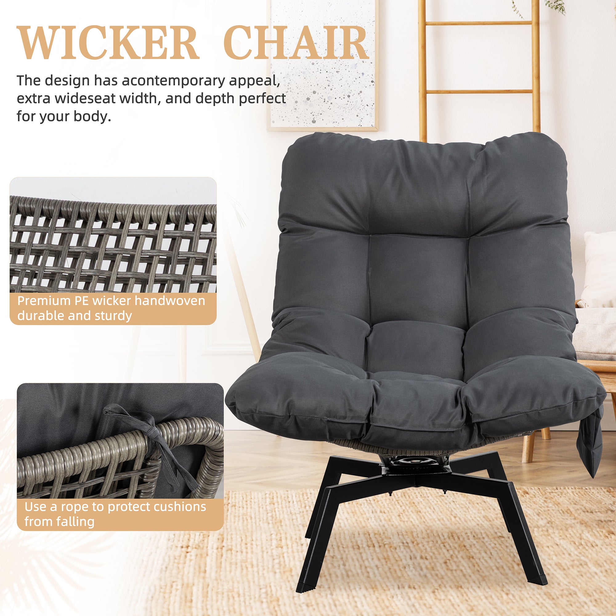 Vongrasig Swivel Wicker Chair PE Rattan Chair with Cushion, Oversized Patio Lounge Chair for Outdoor, Indoor, Balcony, Backyard, Garden, Living Room