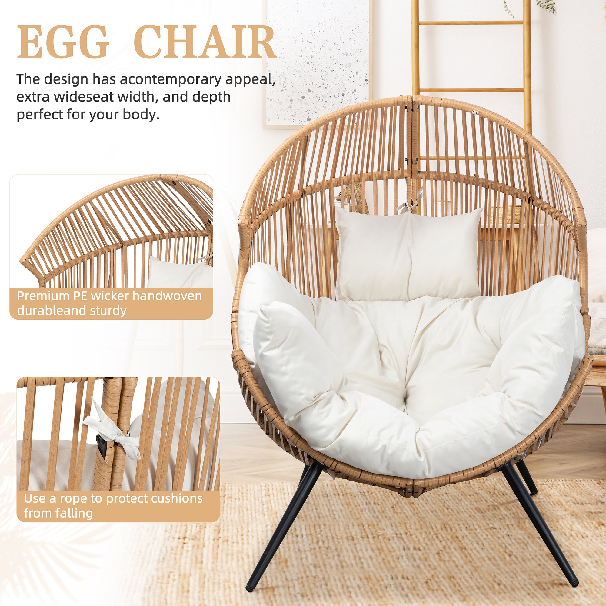 Vongrasig Outdoor Wicker Egg Chair PE Rattan Chair with Cushion, Oversized Patio Lounge Chair for Outdoor, Indoor, Balcony, Backyard, Garden