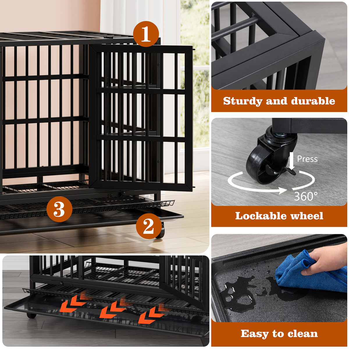 Vongrasig 38 Inch Heavy Duty Indestructible Dog Crate, Escape Proof Dog Cage Kennel with Lockable Wheels,High Anxiety Double Door Dog Cage,Extra Large XL XXL Crate Indoor for Large Dogs