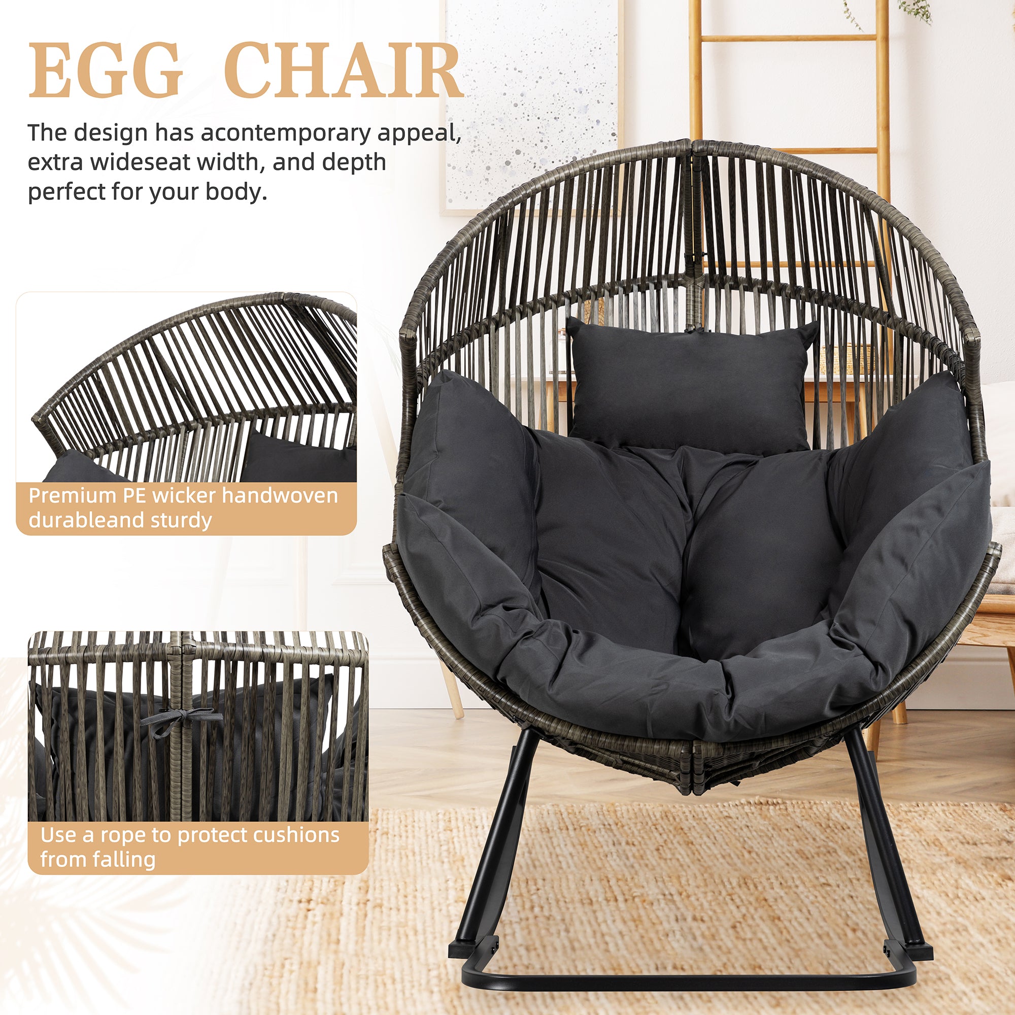 Vongrasig Outdoor Wicker Egg Chair PE Rattan Chair with Cushion, Oversized Patio Lounge Chair for Outdoor, Indoor, Balcony, Backyard, Garden