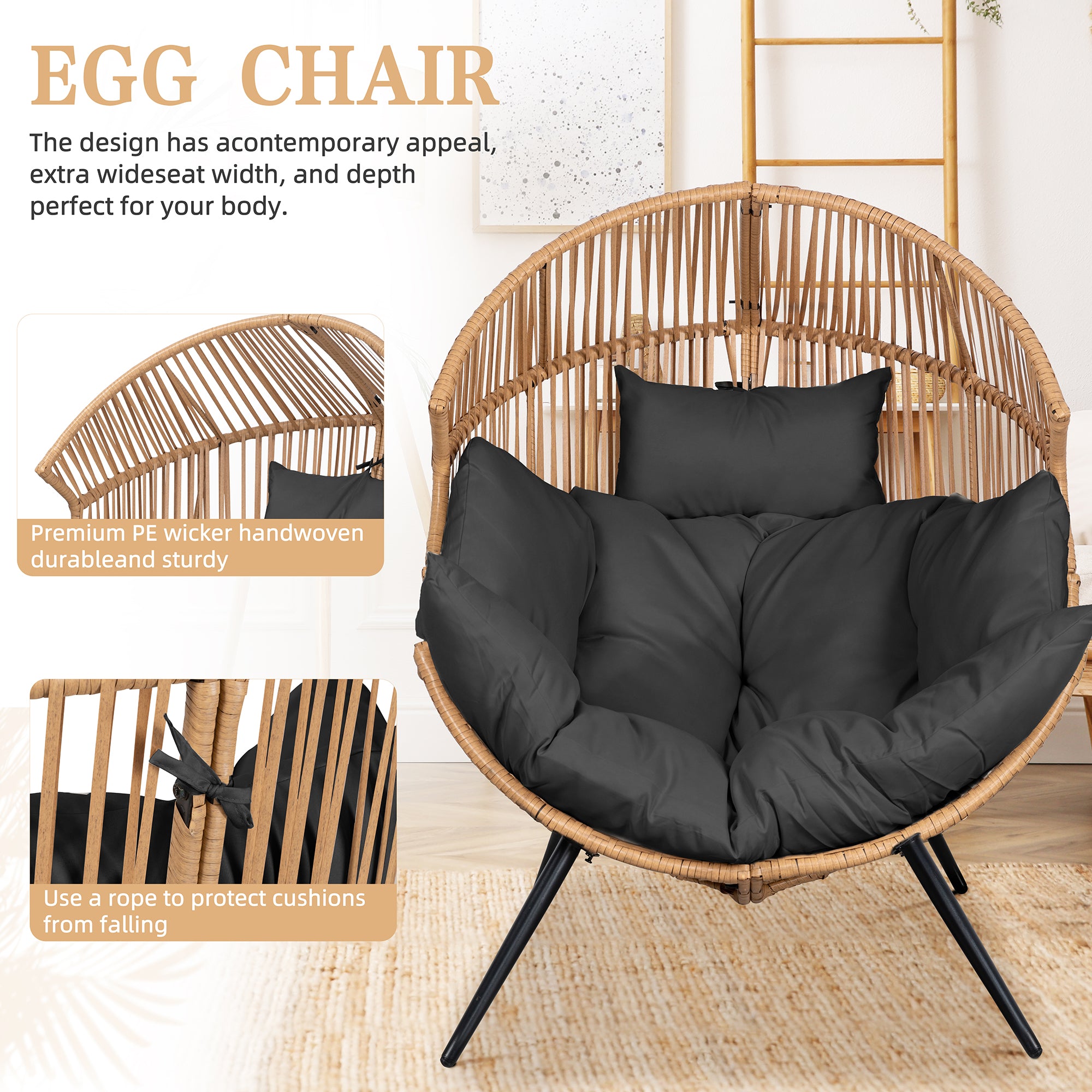 Vongrasig Outdoor Wicker Egg Chair PE Rattan Chair with Cushion, Oversized Patio Lounge Chair for Outdoor, Indoor, Balcony, Backyard, Garden