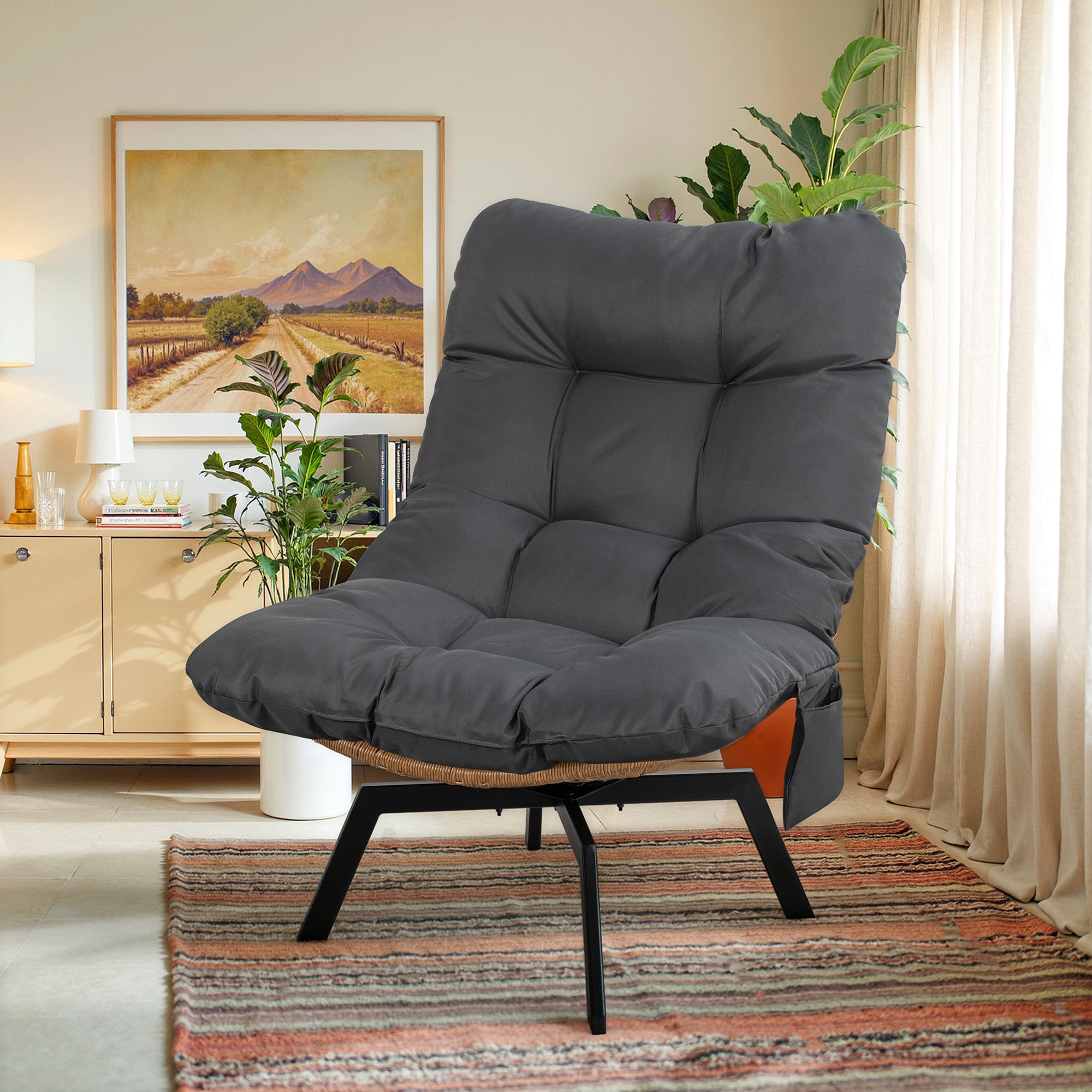 Vongrasig Swivel Wicker Chair PE Rattan Chair with Cushion, Oversized Patio Lounge Chair for Outdoor, Indoor, Balcony, Backyard, Garden, Living Room