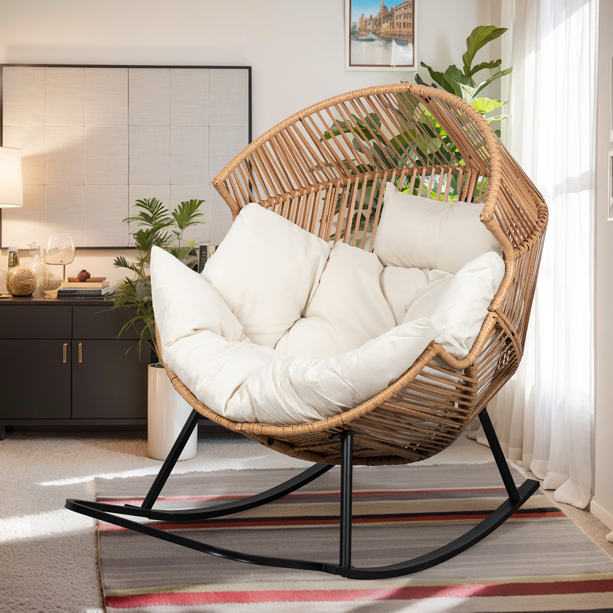 Vongrasig Outdoor Wicker Egg Chair PE Rattan Chair with Cushion, Oversized Patio Lounge Chair for Outdoor, Indoor, Balcony, Backyard, Garden