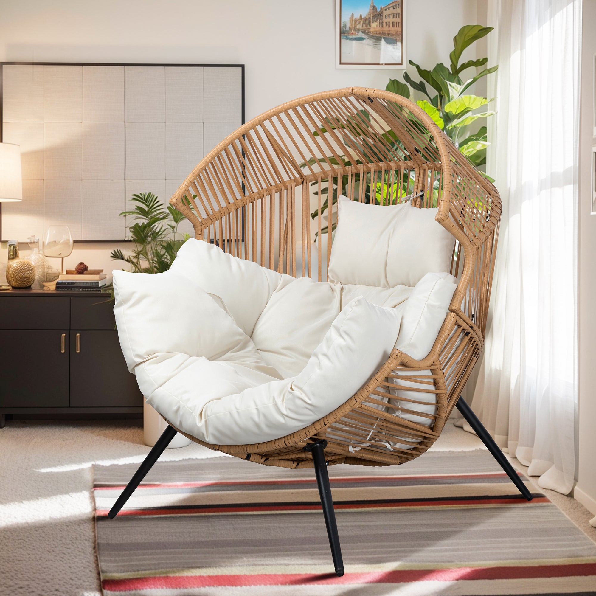 Vongrasig Outdoor Wicker Egg Chair PE Rattan Chair with Cushion, Oversized Patio Lounge Chair for Outdoor, Indoor, Balcony, Backyard, Garden