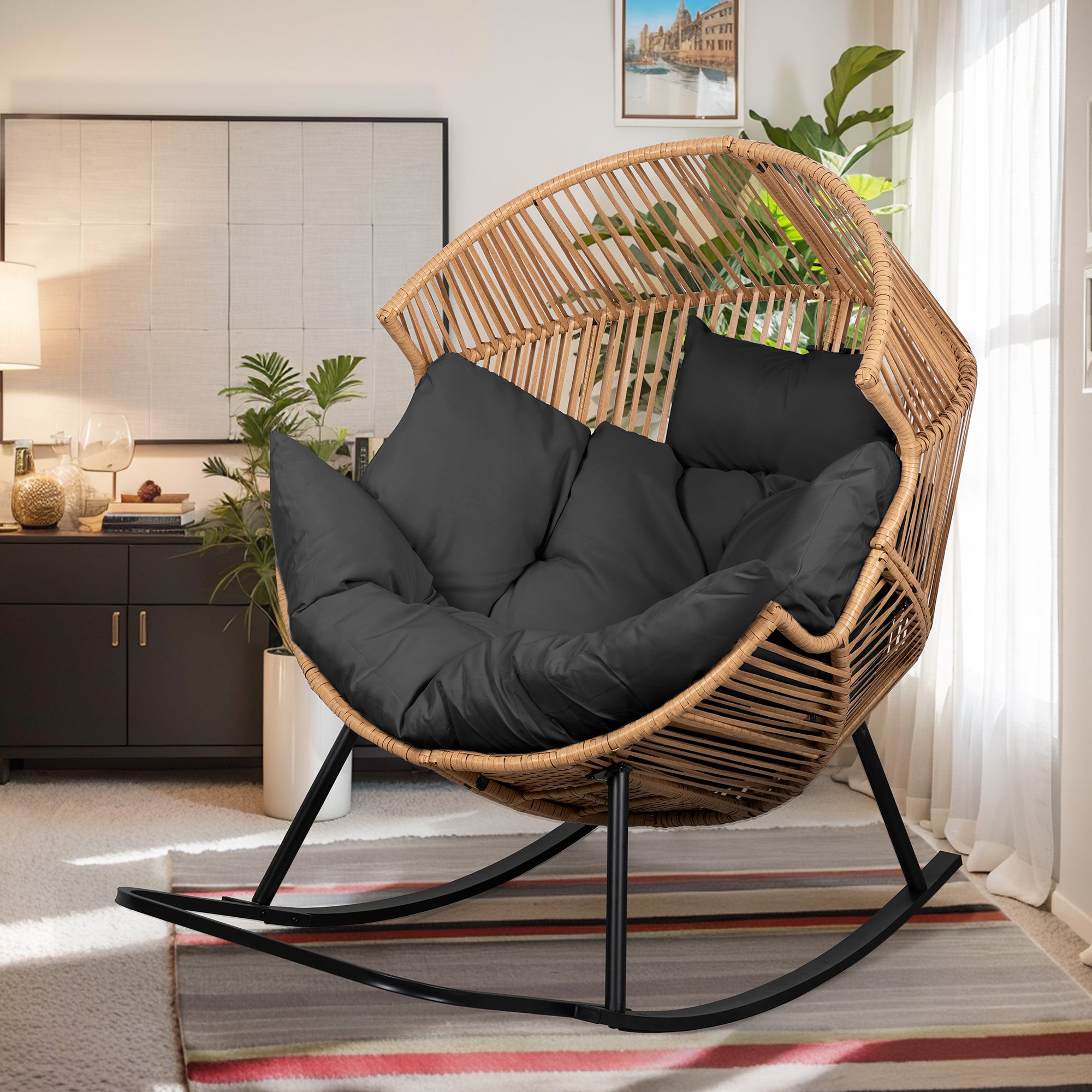 Vongrasig Outdoor Wicker Egg Chair PE Rattan Chair with Cushion, Oversized Patio Lounge Chair for Outdoor, Indoor, Balcony, Backyard, Garden