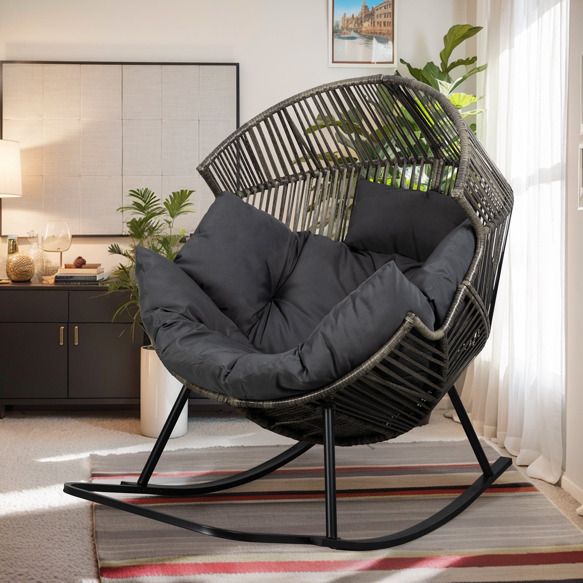 Vongrasig Outdoor Wicker Egg Chair PE Rattan Chair with Cushion, Oversized Patio Lounge Chair for Outdoor, Indoor, Balcony, Backyard, Garden