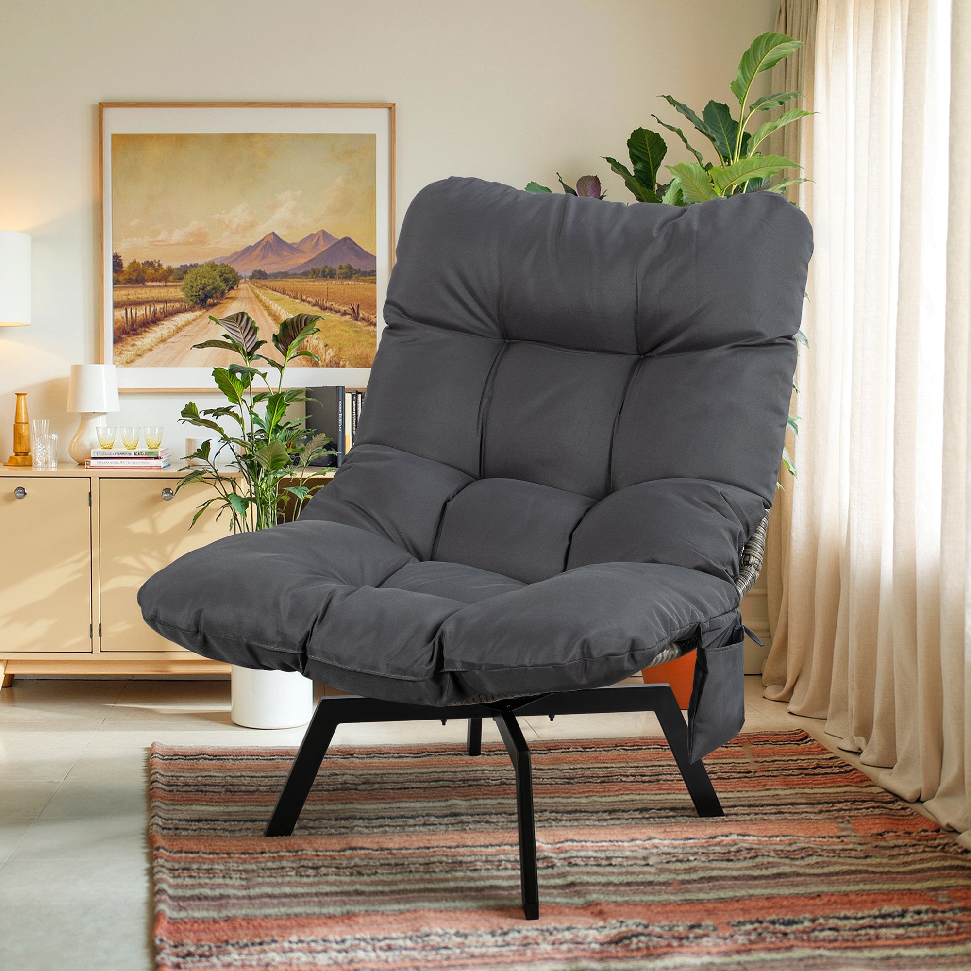 Vongrasig Swivel Wicker Chair PE Rattan Chair with Cushion, Oversized Patio Lounge Chair for Outdoor, Indoor, Balcony, Backyard, Garden, Living Room