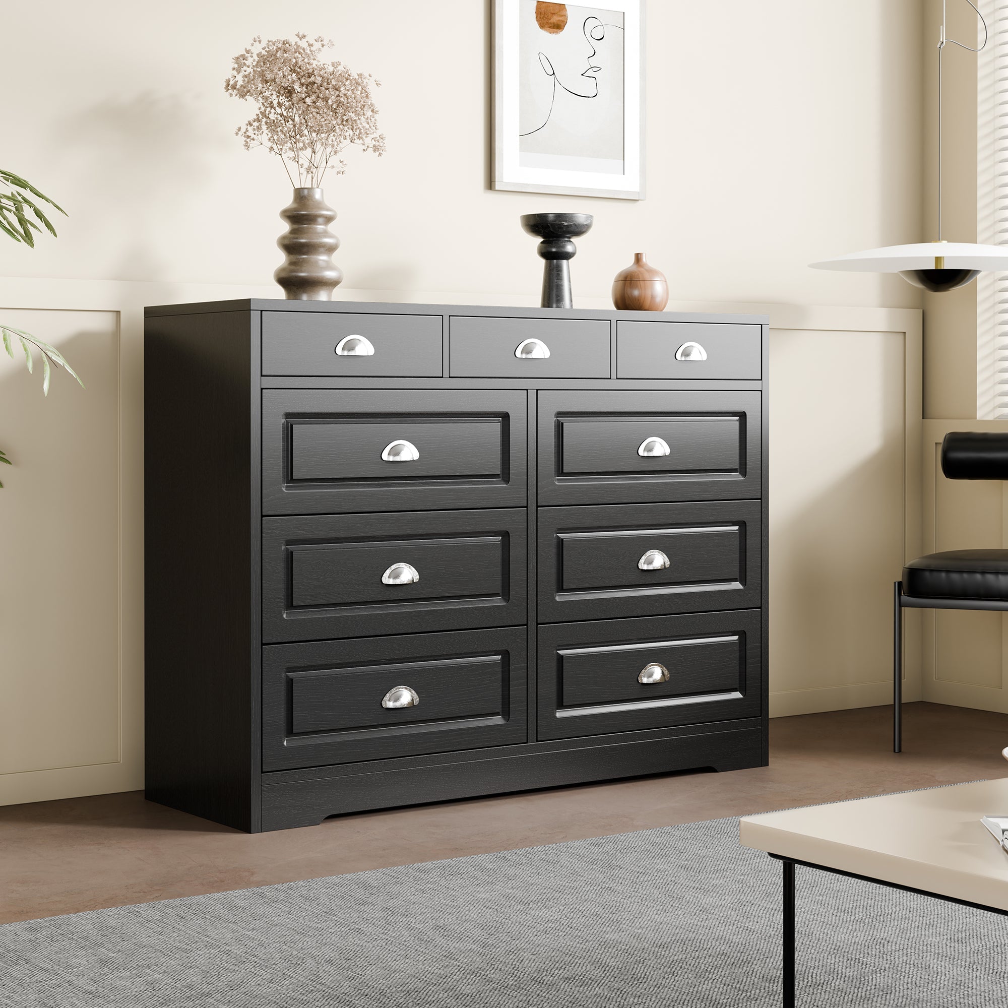Walsunny 9 Drawer Double Dresser Black Wooden Wide Chest of Drawers with Metal Handles Storage Organizer Dresser Nursery Dresser for Living Room Hallway (7504222027952)
