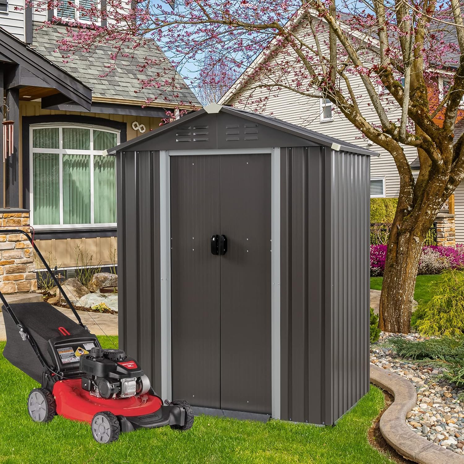 Vongrasig 5 x 3 x 6 FT Outdoor Storage Shed Clearance, Metal Garden Shed with Large Window and Lockable Door, Anti-Corrosion Waterproof Tool Shed for Backyard Patio, Lawn