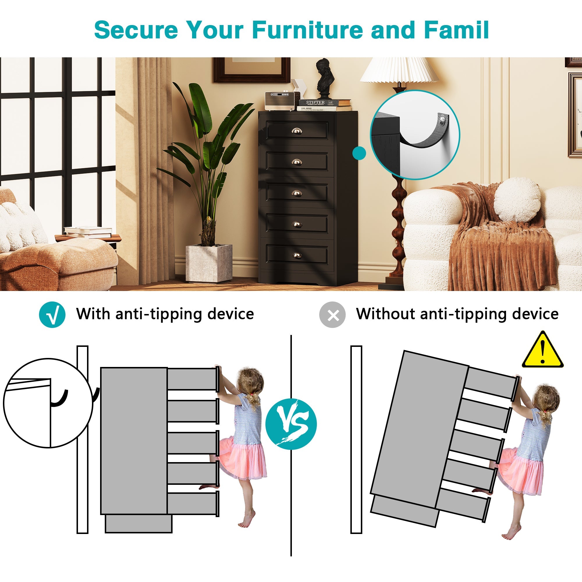 Walsunny 5 Drawer White Vertical Dresser Modern Storage Cabinet with Handle-Drawer Chest Wood Organizer for Living Room (7504209772720)