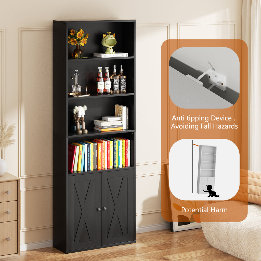 Vongrasig Farmhouse Bookcase with Doors & Storage, Tall 6-Tier Wood Bookshelf for Home Office Organization, Living Room Display, and Bedroom Storage Alternatives, 71-Inch Standing Shelf